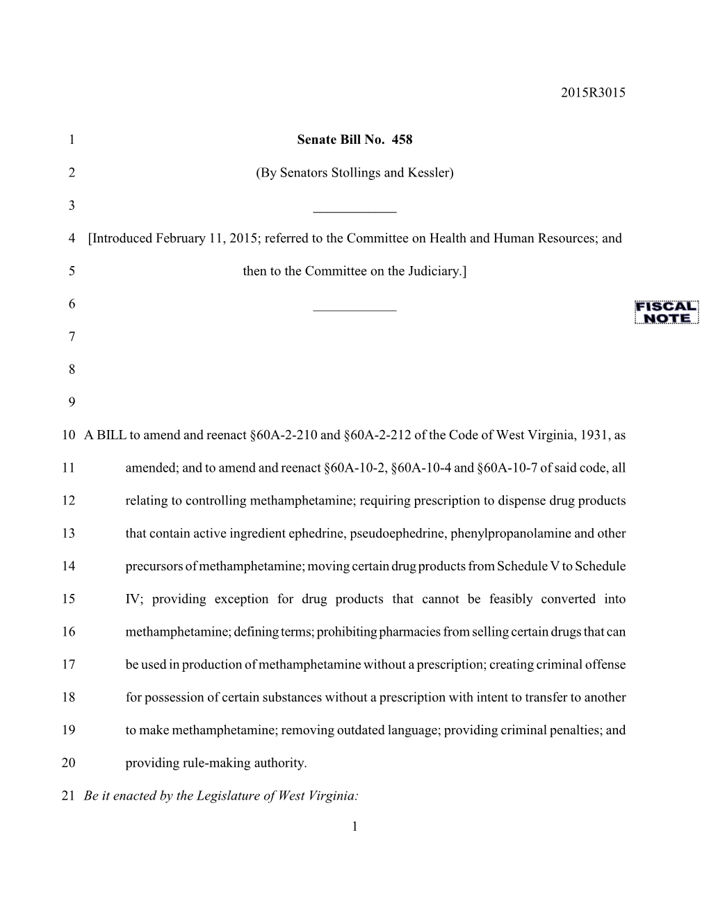 2015R3015 1 Senate Bill No. 458 2