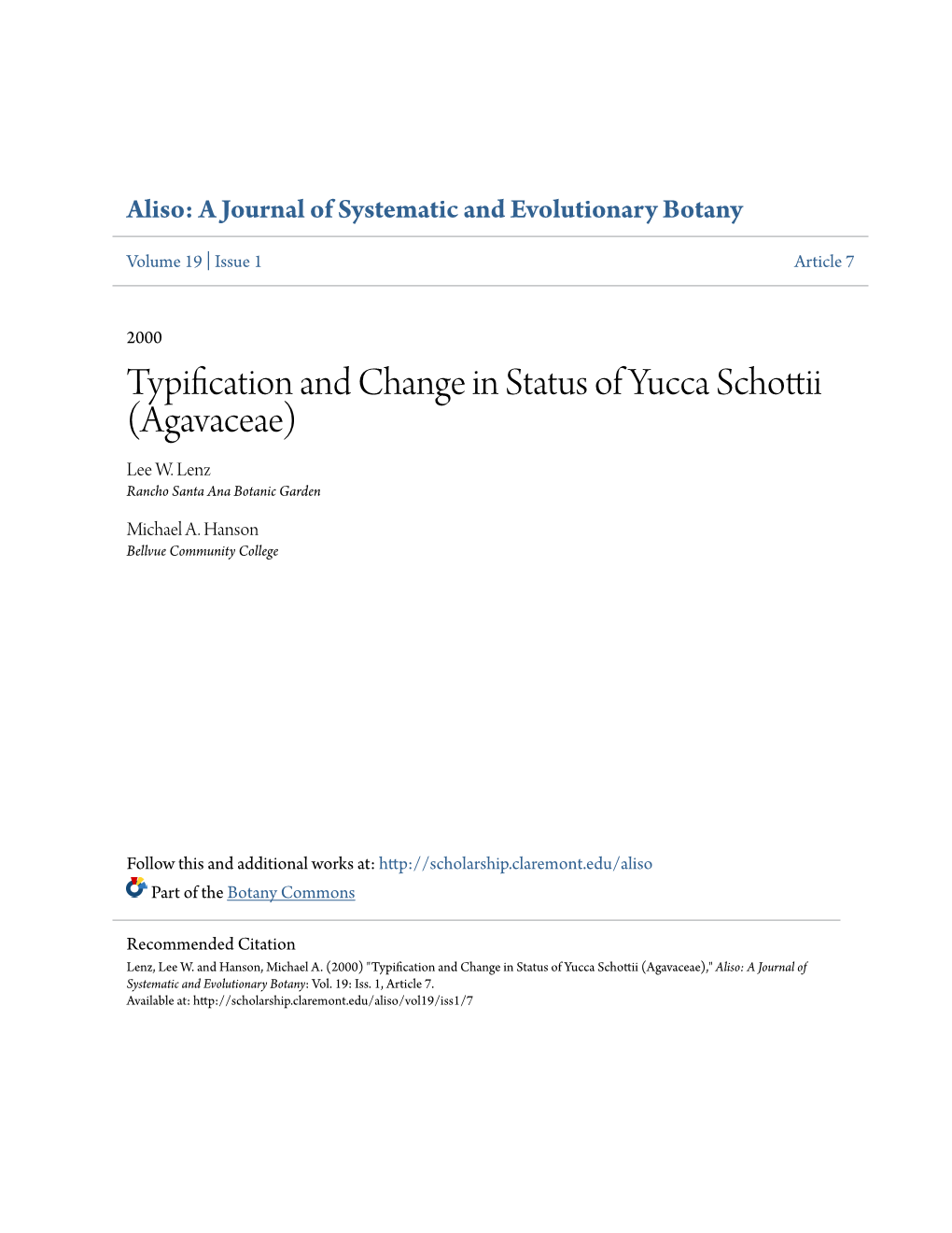 Typification and Change in Status of Yucca Schottii (Agavaceae) Lee W