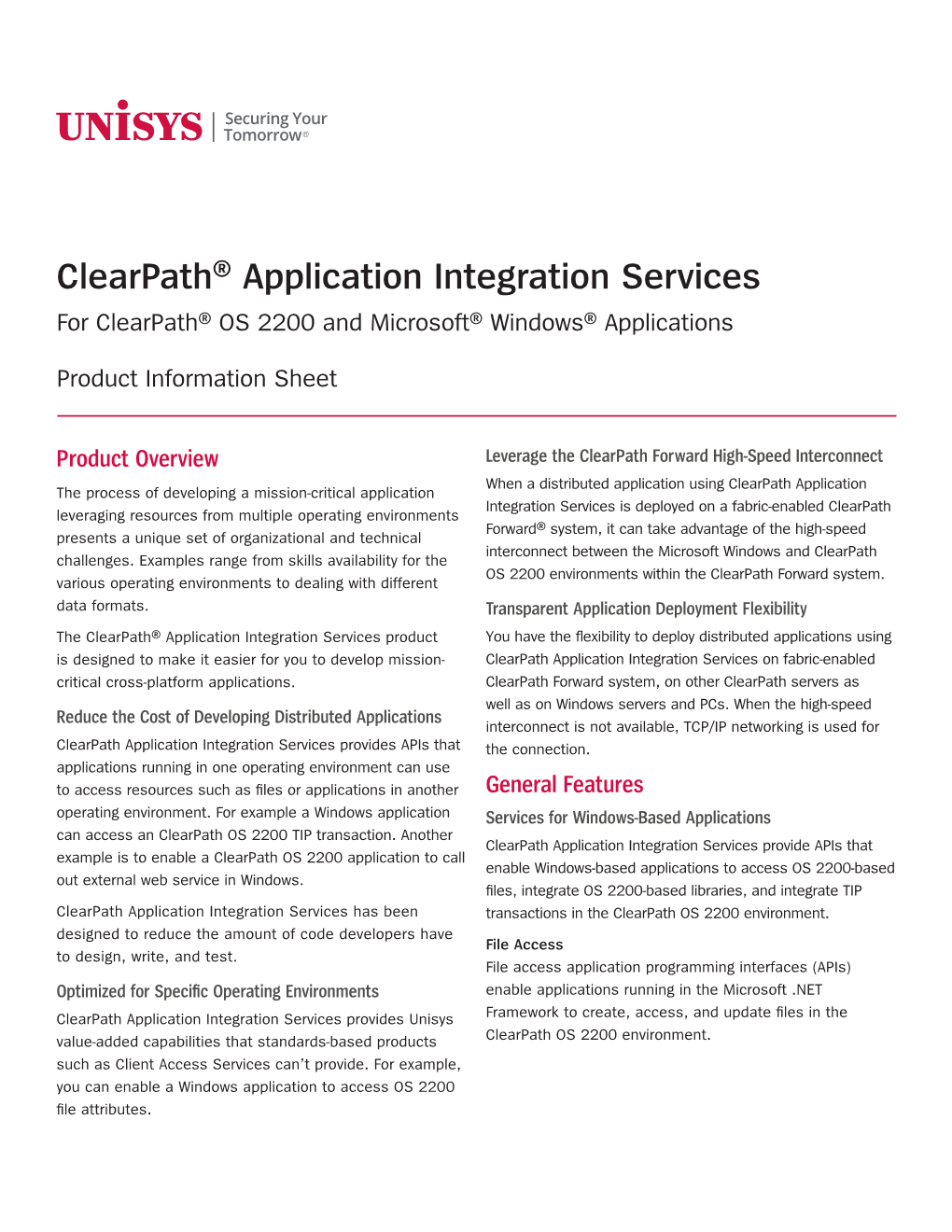 Clearpath® Application Integration Services for Clearpath® OS 2200 and Microsoft® Windows® Applications