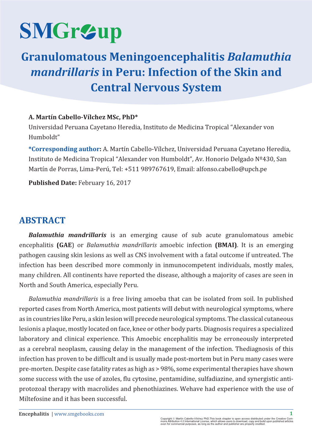 Granulomatous Meningoencephalitis Balamuthia Mandrillaris in Peru: Infection of the Skin and Central Nervous System