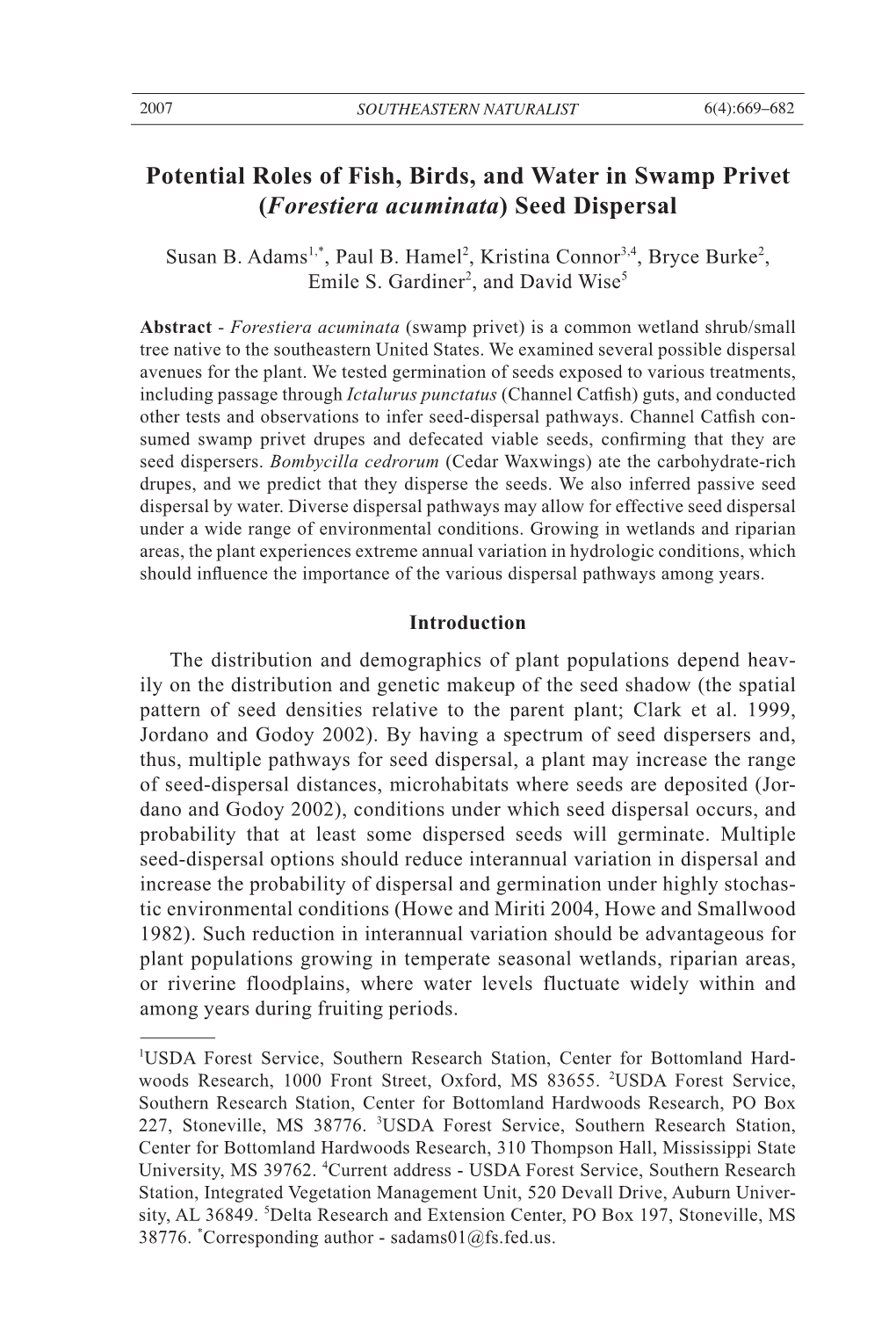 Potential Roles of Fish, Birds, and Water in Swamp Privet (Forestiera Acuminata) Seed Dispersal