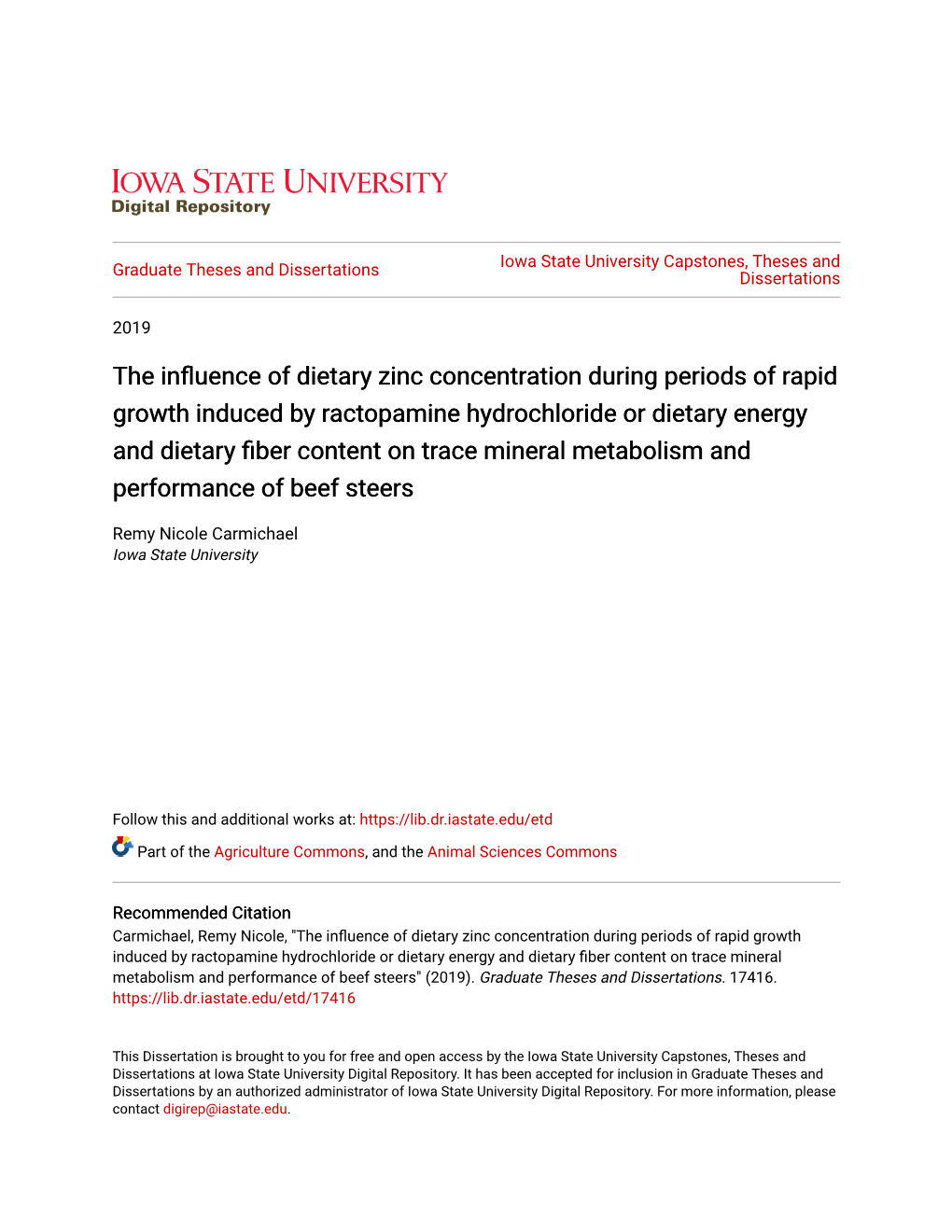 The Influence of Dietary Zinc Concentration During Periods Of