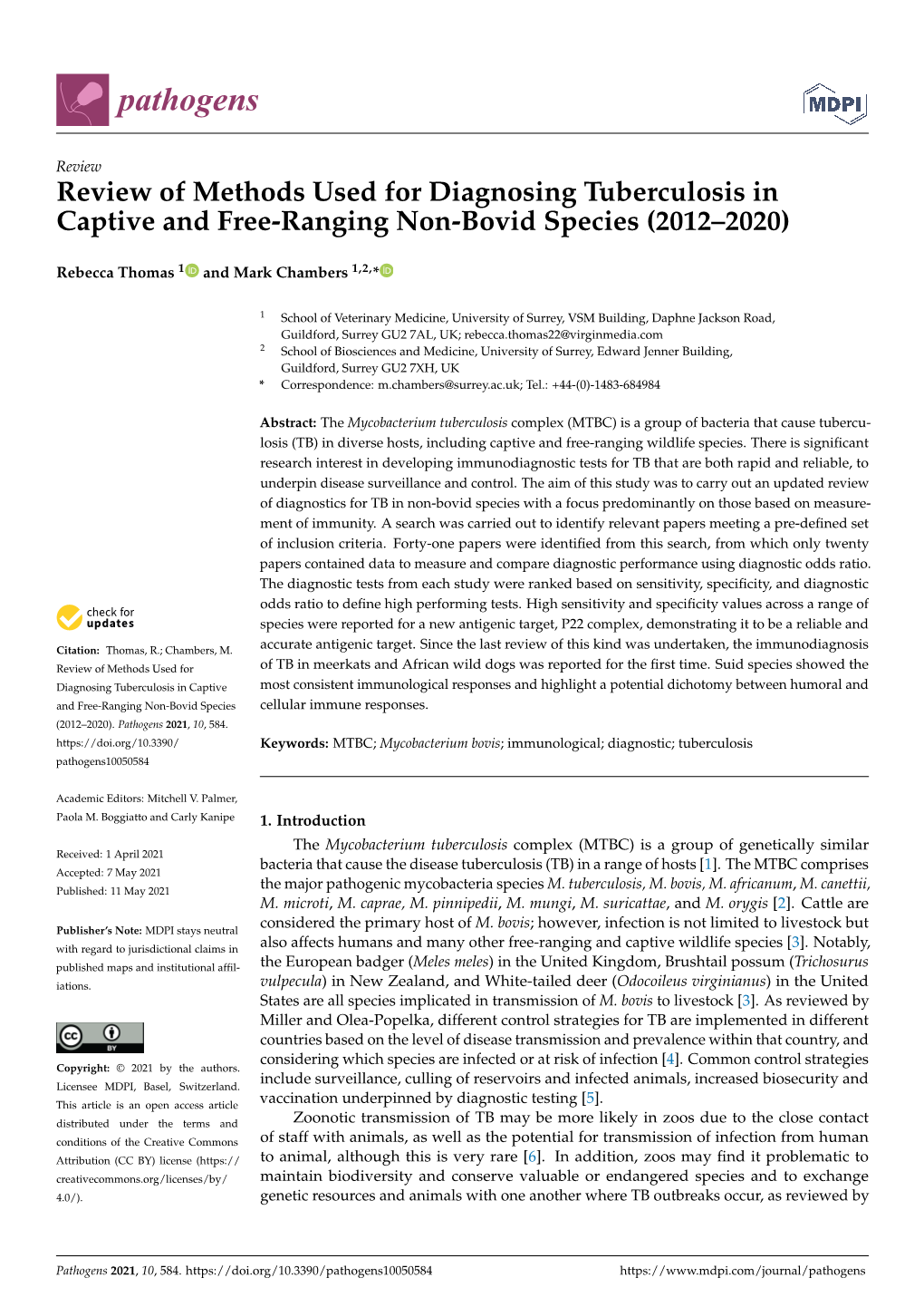 Review of Methods Used for Diagnosing Tuberculosis in Captive and Free-Ranging Non-Bovid Species (2012–2020)