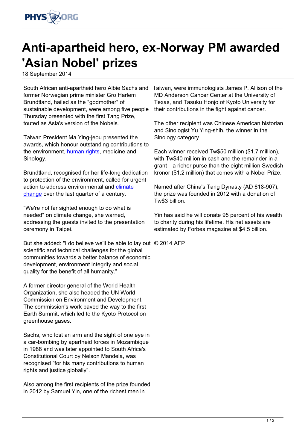 'Asian Nobel' Prizes 18 September 2014
