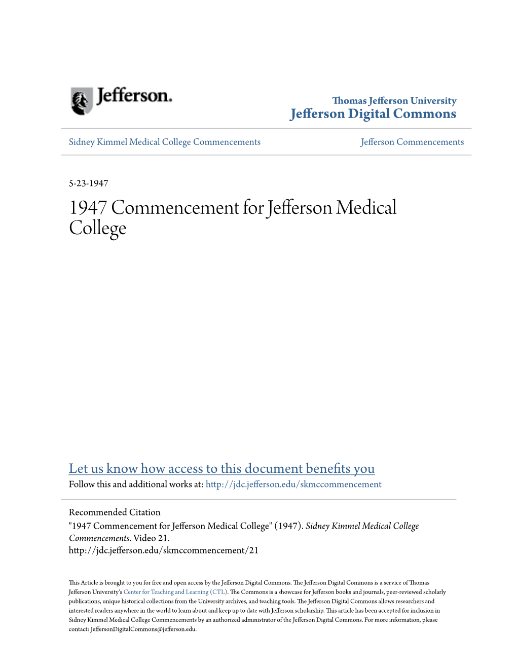 1947 Commencement for Jefferson Medical College