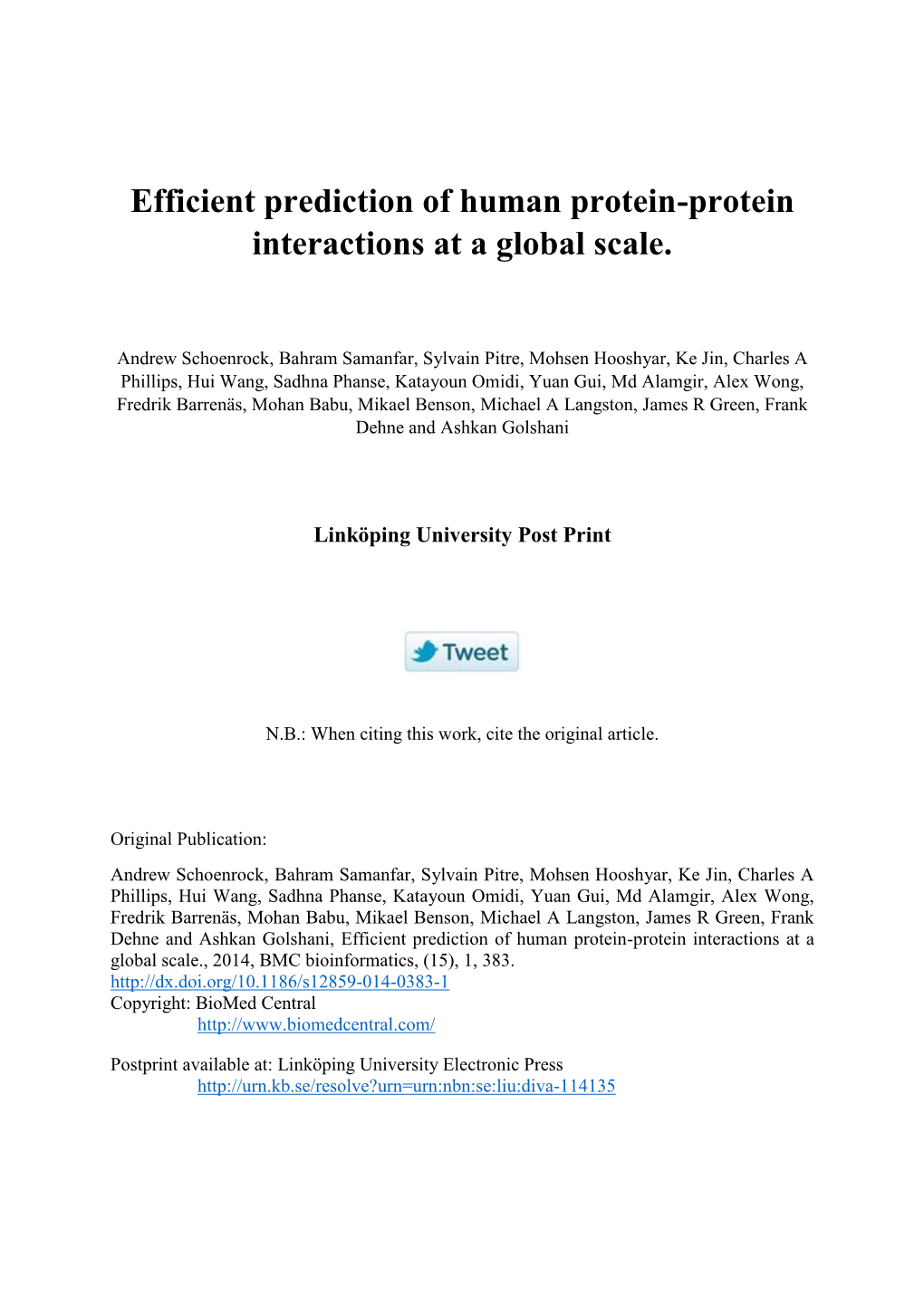 Efficient Prediction of Human Protein-Protein Interactions at a Global Scale