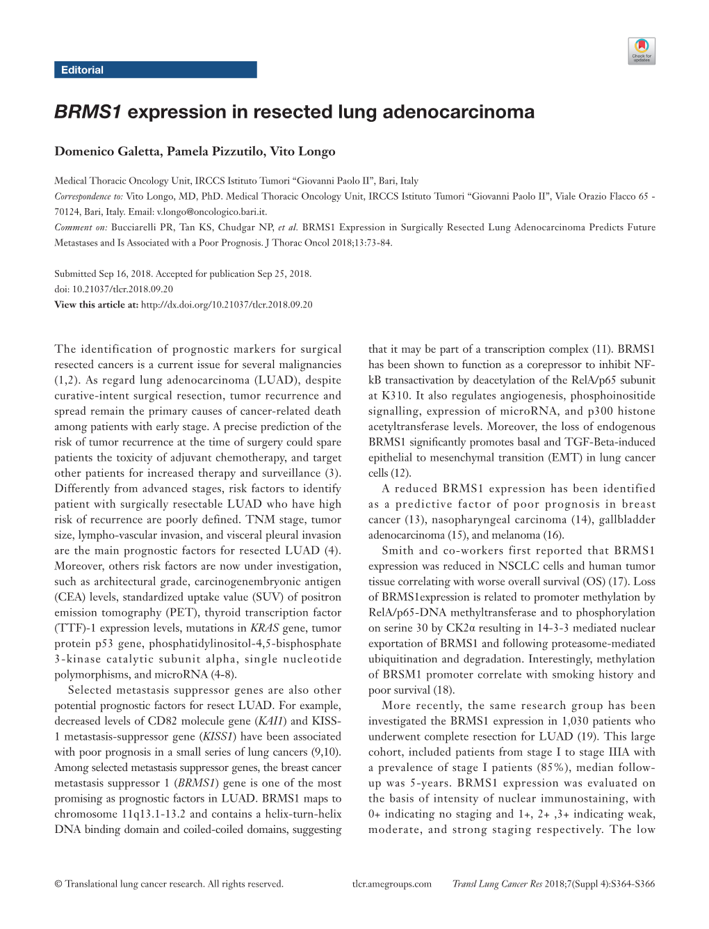 BRMS1 Expression in Resected Lung Adenocarcinoma