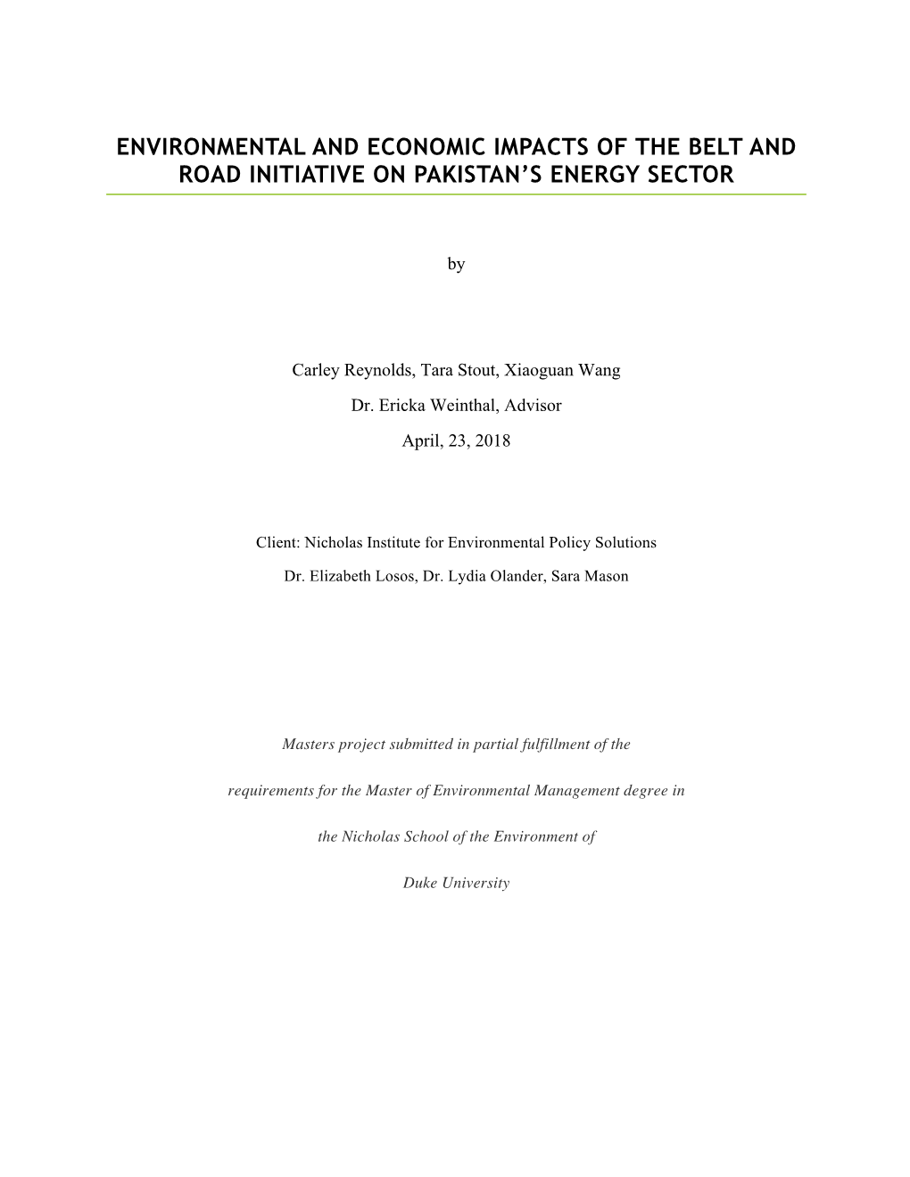 Environmental and Economic Impacts of the Belt and Road Initiative on Pakistan’S Energy Sector