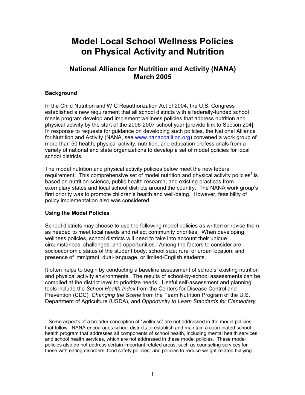 Model Local School Wellness Policies on Physical Activity and Nutrition
