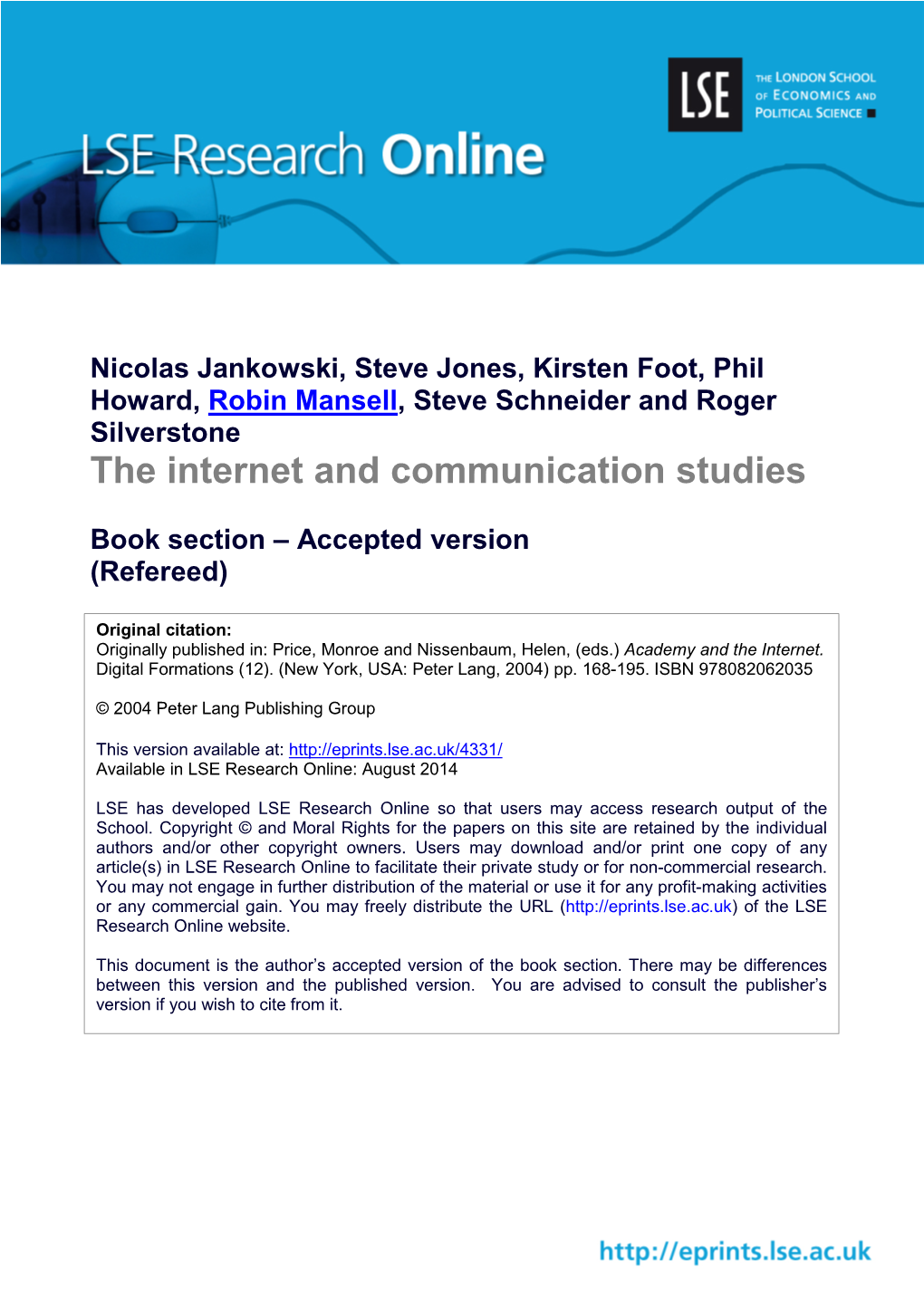 The Internet and Communication Studies