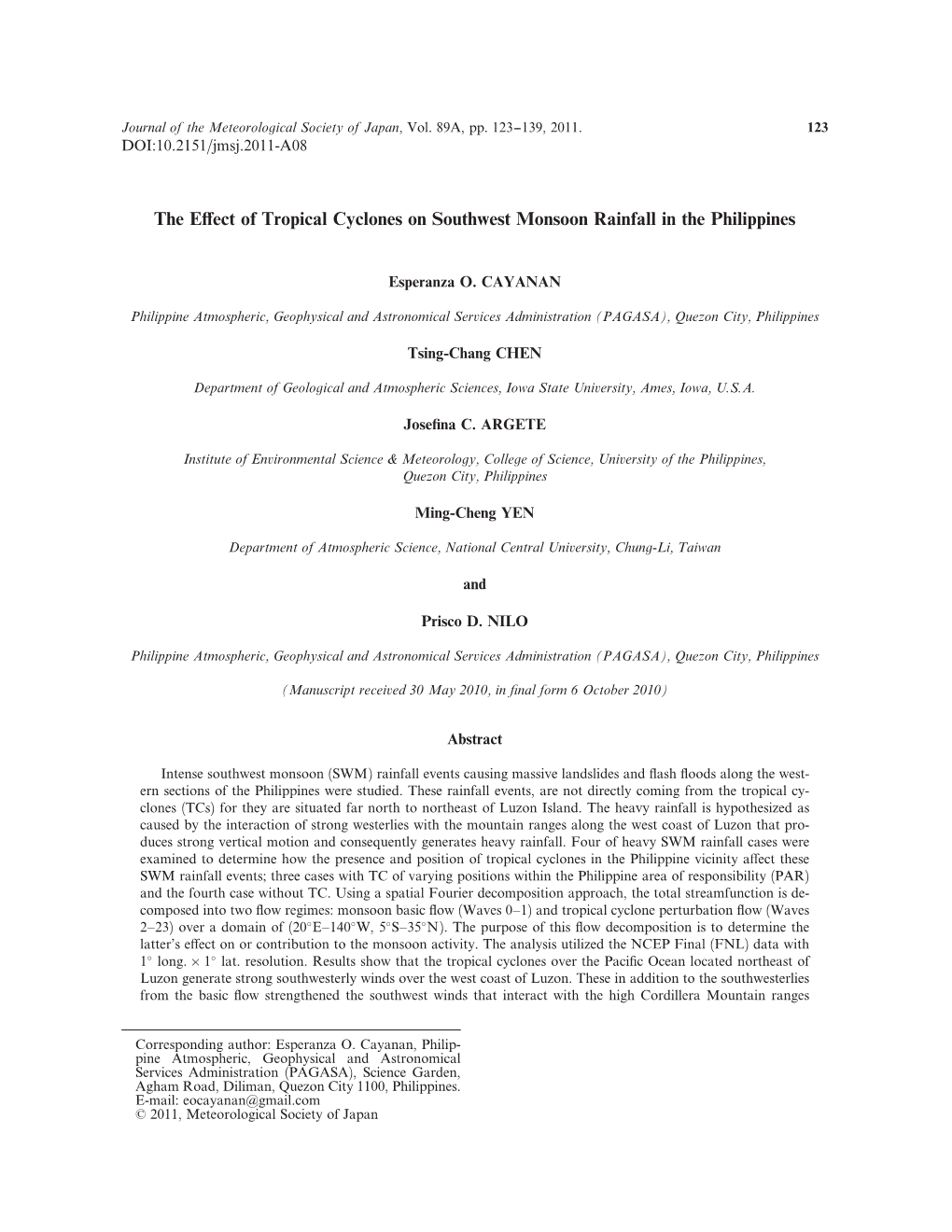 The Effect of Tropical Cyclones on Southwest Monsoon Rainfall in The