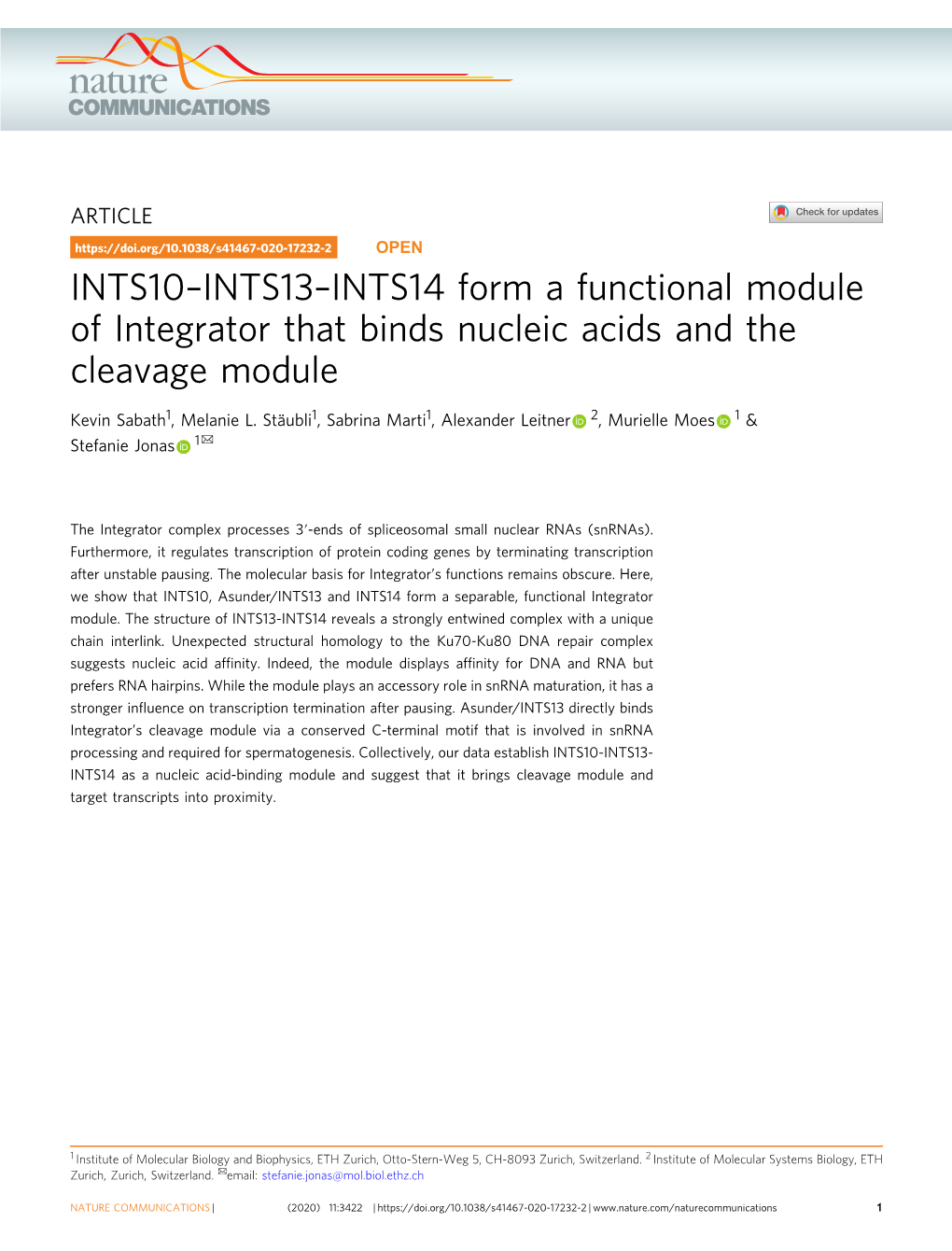 INTS14 Form a Functional Module of Integrator That Binds Nucleic Acids and the Cleavage Module