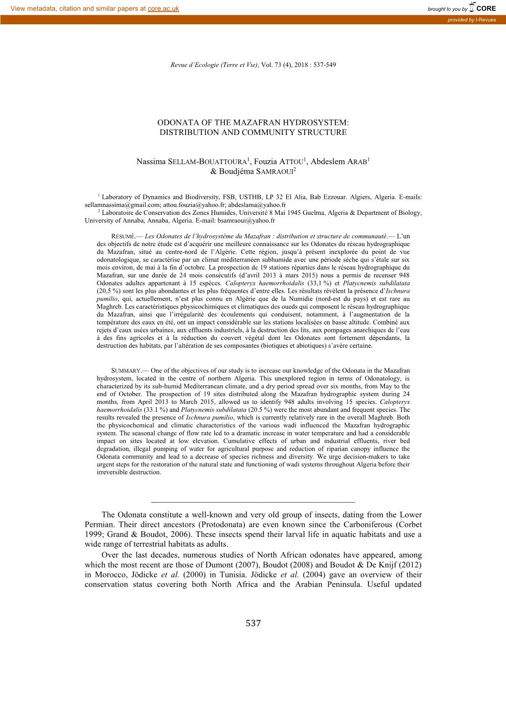 Odonata of the Mazafran Hydrosystem: Distribution and Community Structure