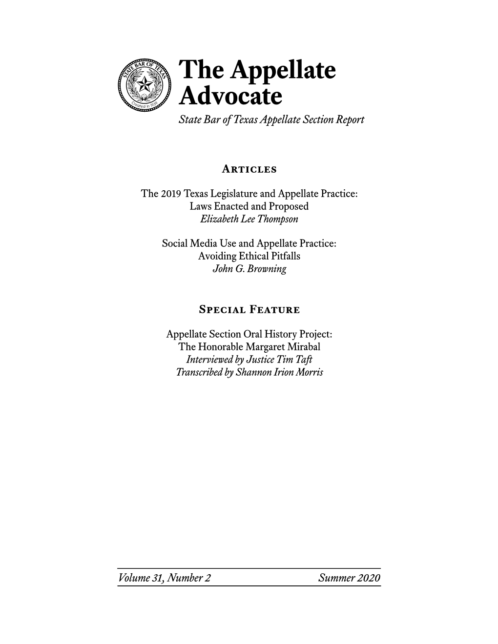 Summer 2020 the Appellate Advocate State Bar of Texas Appellate Section Report Vol