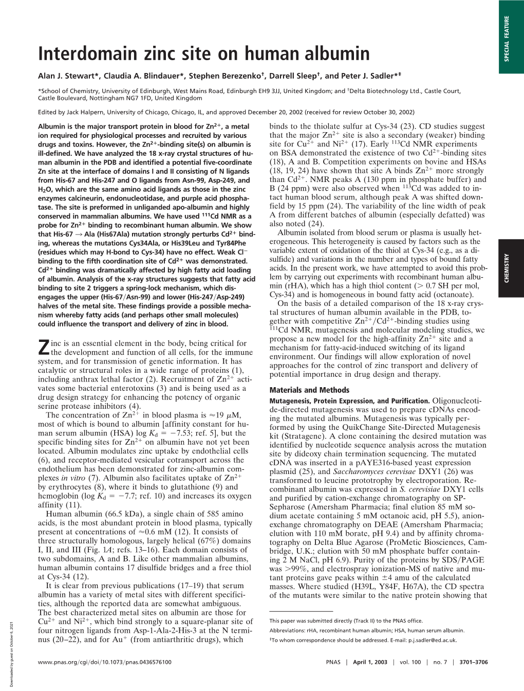 Interdomain Zinc Site on Human Albumin SPECIAL FEATURE