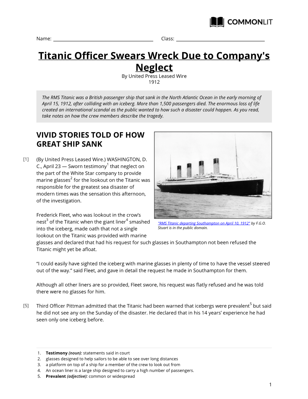 Commonlit | Titanic Officer Swears Wreck Due to Company's Neglect