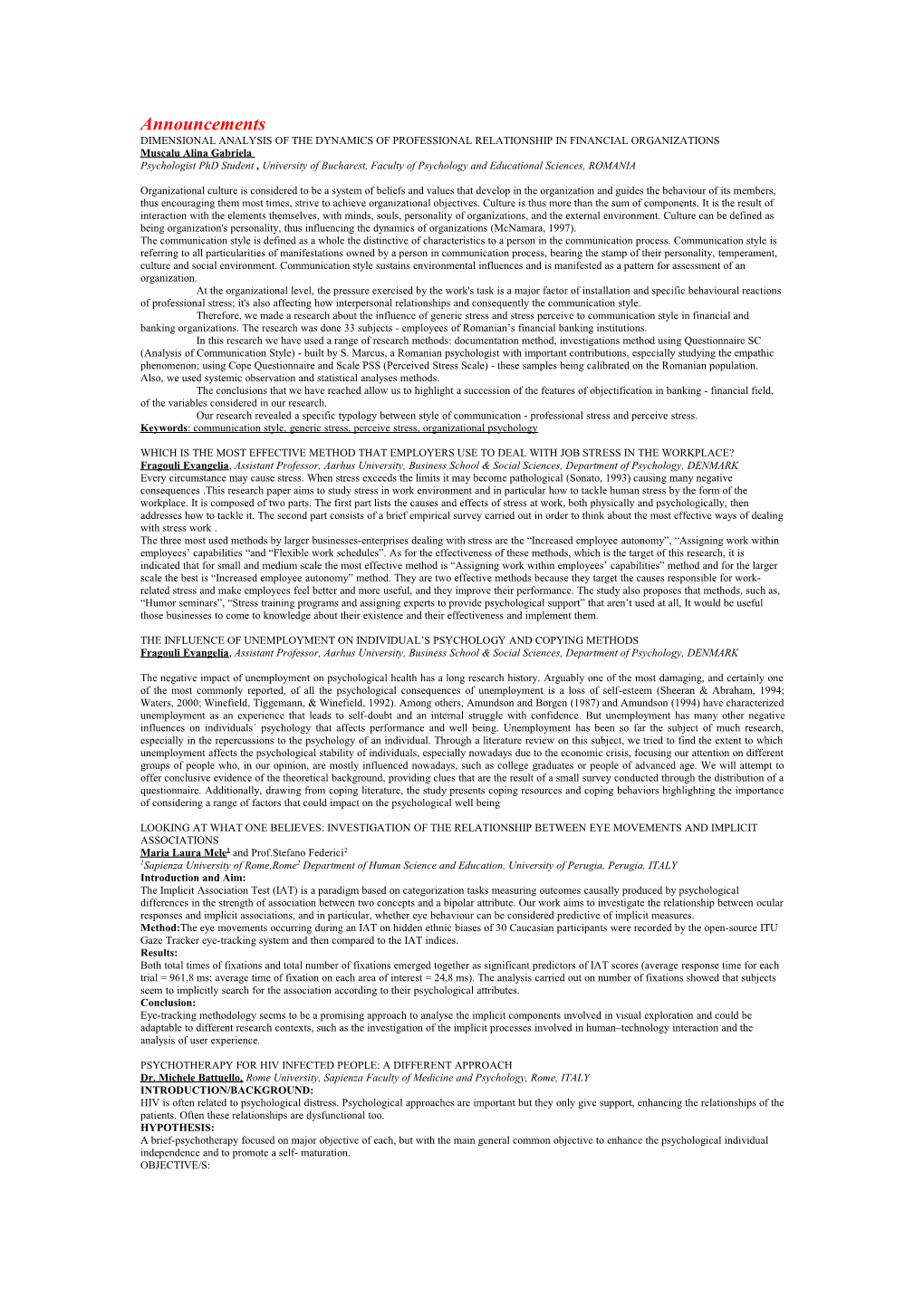 Dimensional Analysis of the Dynamics of Professional Relationship in Financial Organizations