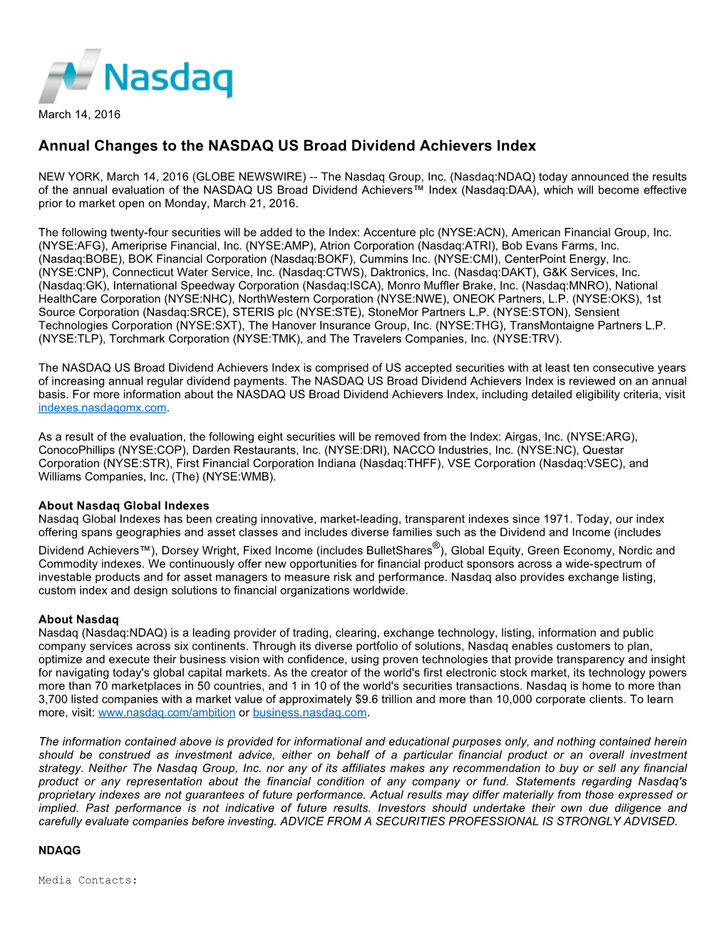 Annual Changes to the NASDAQ US Broad Dividend Achievers Index
