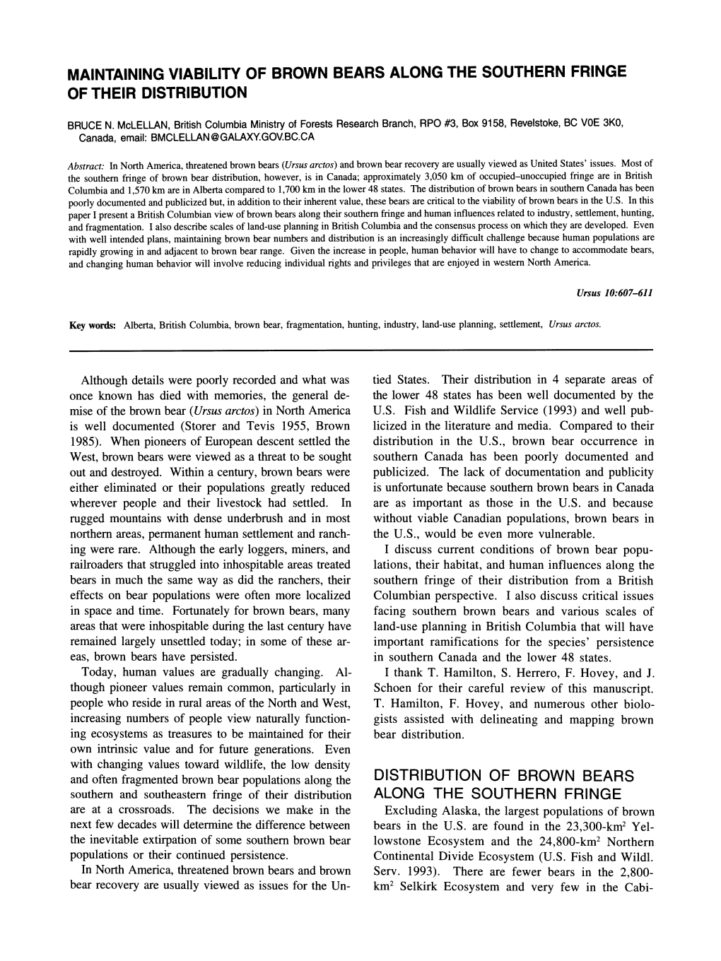 Maintaining Viability of Brown Bears Along the Southern Fringe of Their Distribution