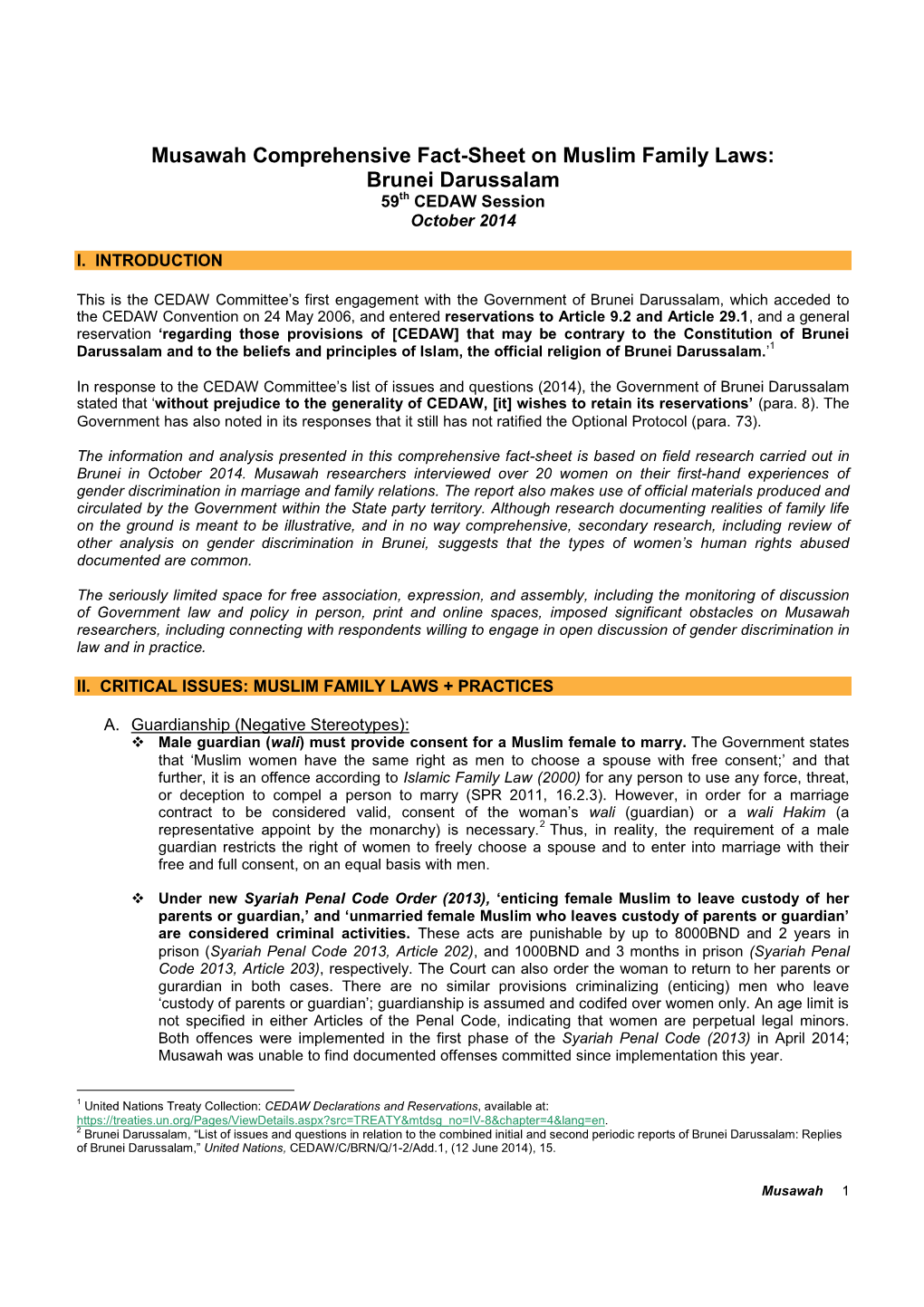 Brunei Darussalam 59 Th CEDAW Session October 2014