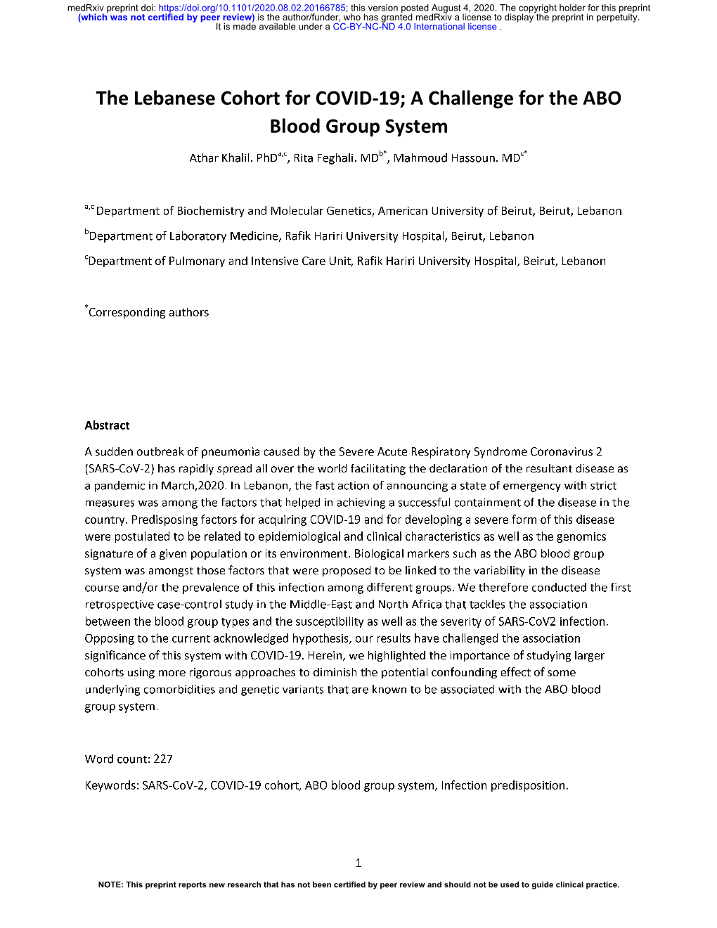 The Lebanese Cohort for COVID-19; a Challenge for the ABO Blood Group System