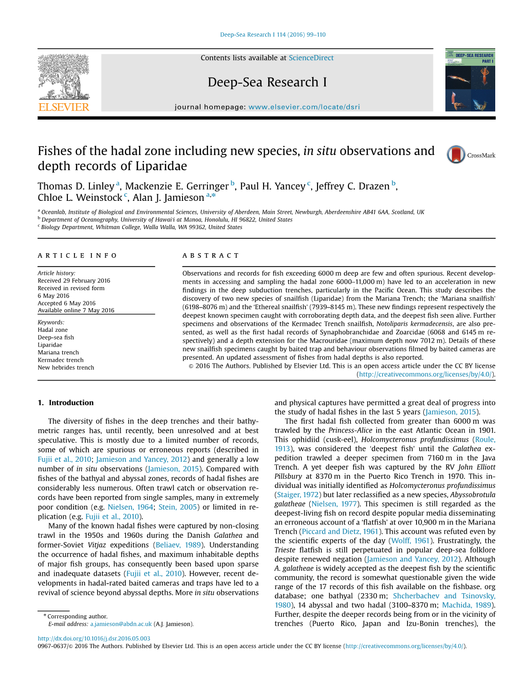 Fishes of the Hadal Zone Including New Species, in Situ Observations and Depth Records of Liparidae