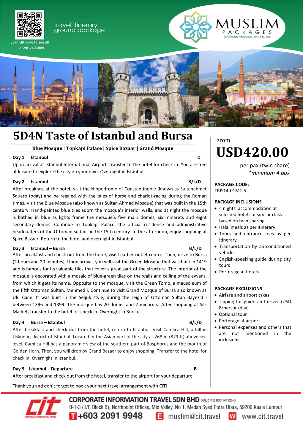 5D4N Taste of Istanbul and Bursa from Blue Mosque | Topkapi Palace | Spice Bazaar | Grand Mosque