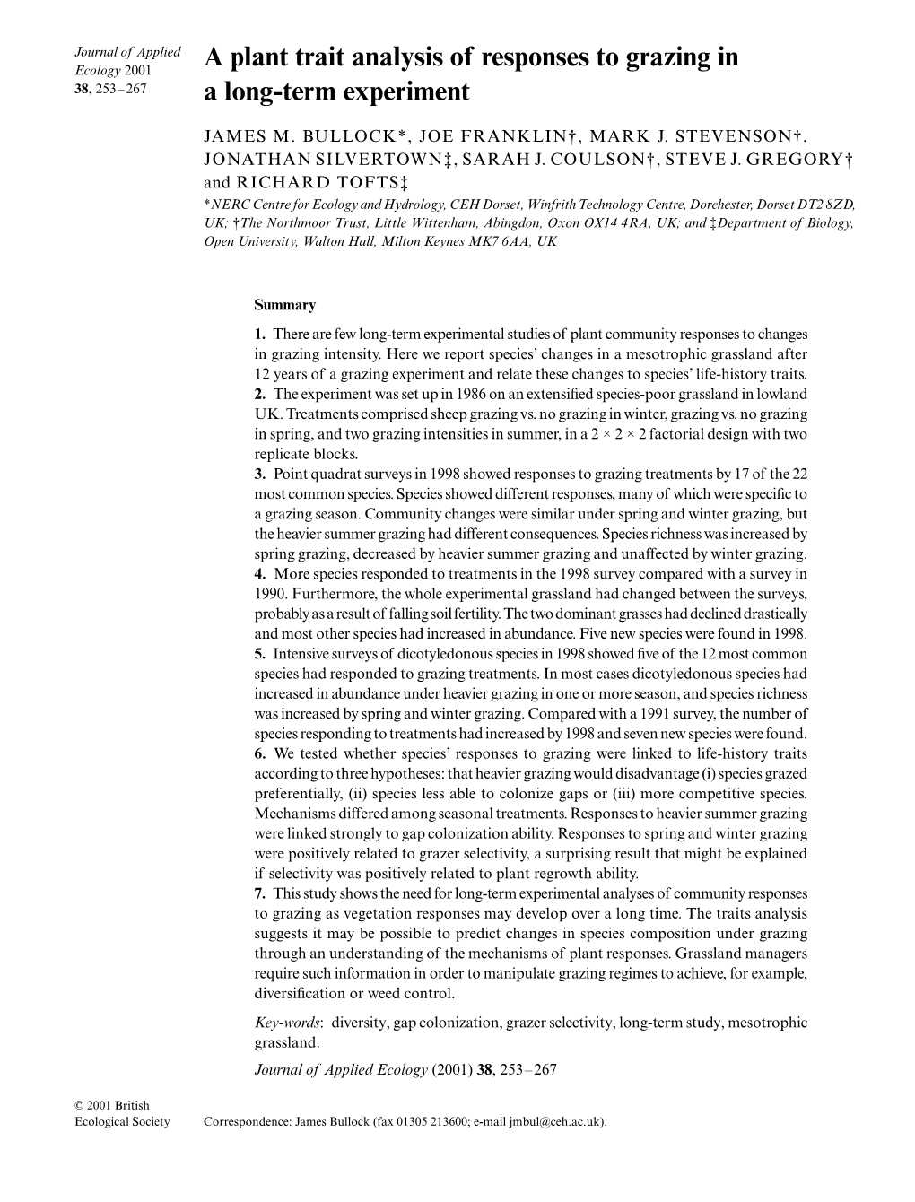 A Plant Trait Analysis of Responses to Grazing in a Long-Term Experiment