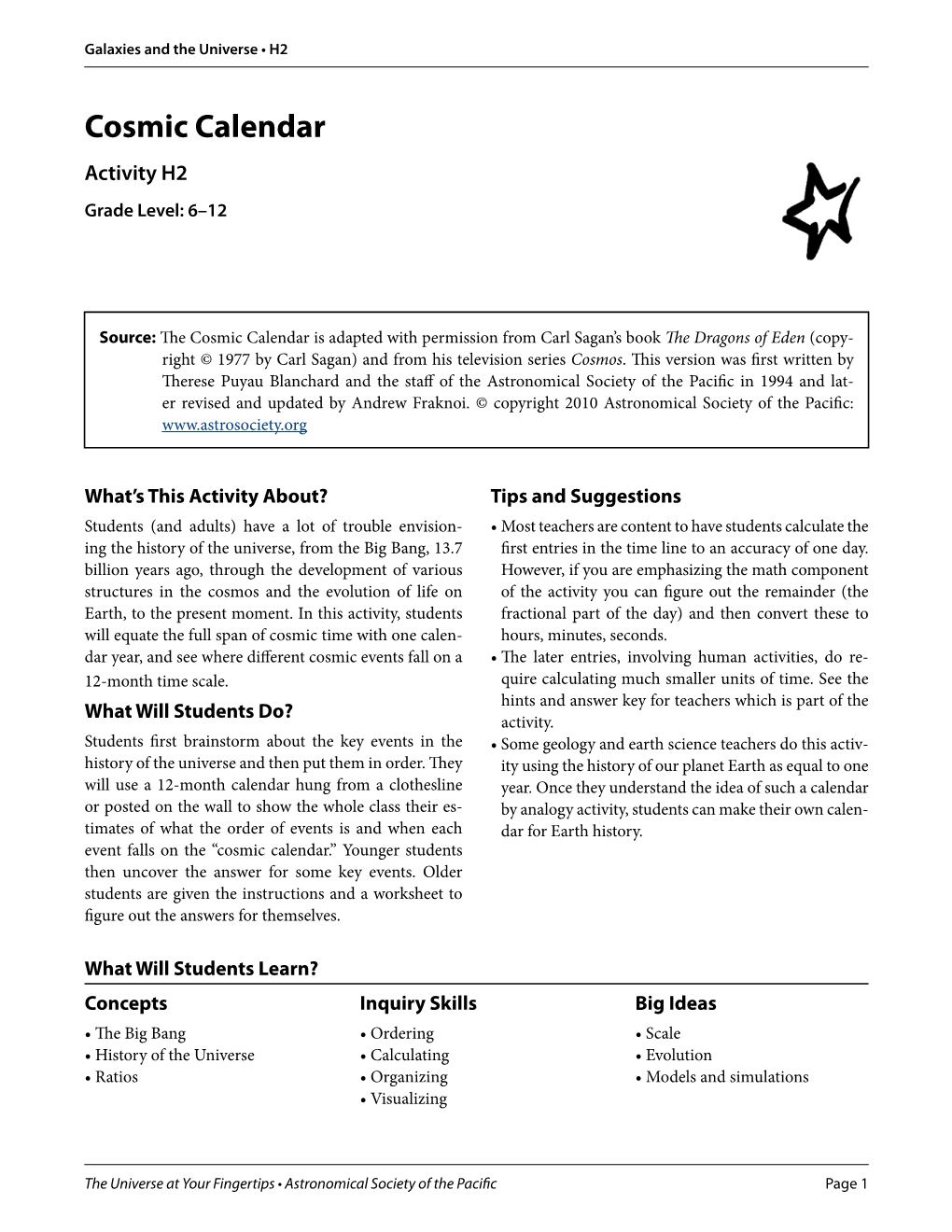 Cosmic Calendar Activity H2 Grade Level: 6–12