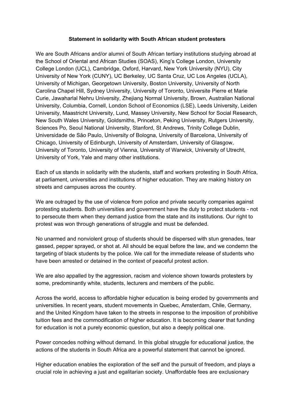 Statement in Solidarity with South African Student Protesters