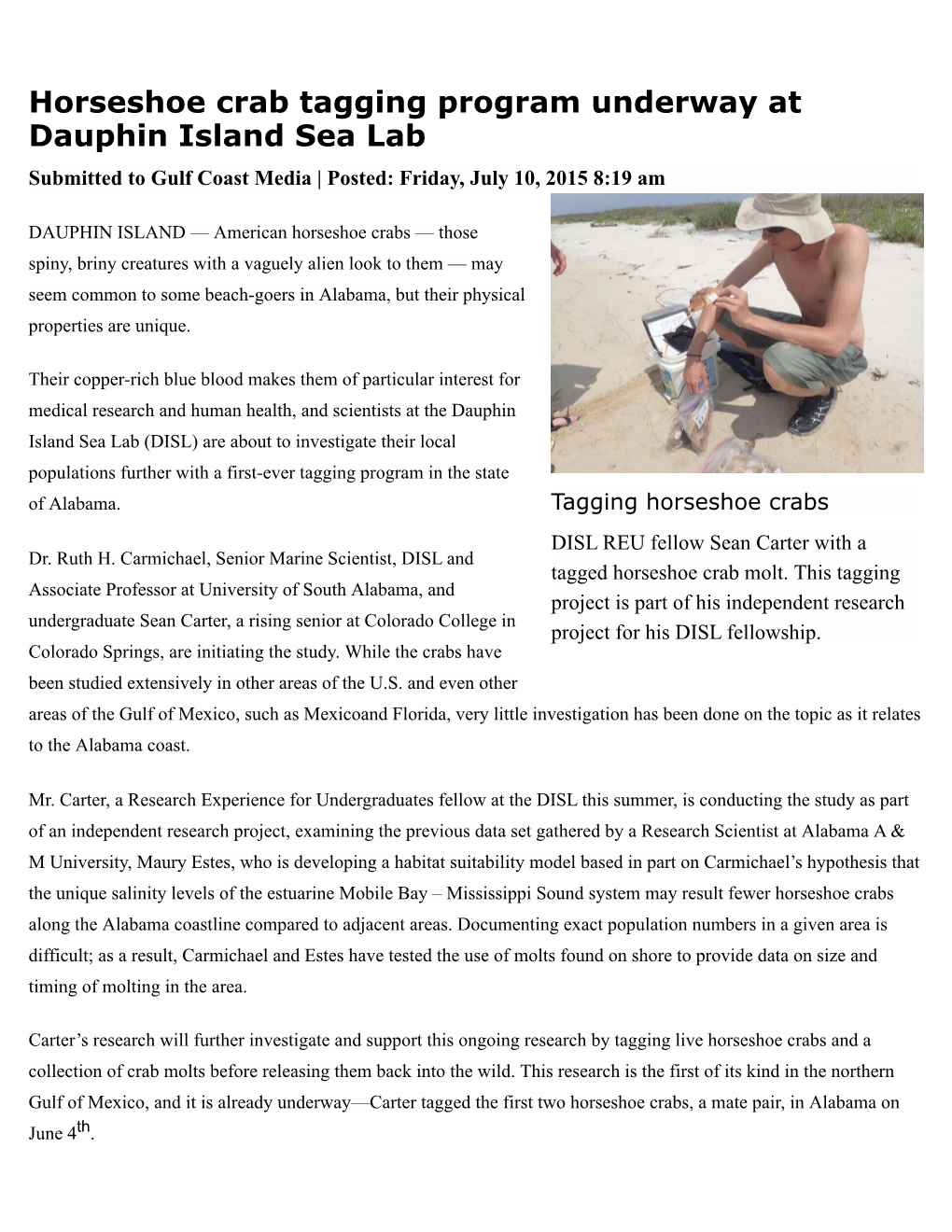 Horseshoe Crab Tagging Program Underway at Dauphin Island Sea Lab Submitted to Gulf Coast Media | Posted: Friday, July 10, 2015 8:19 Am