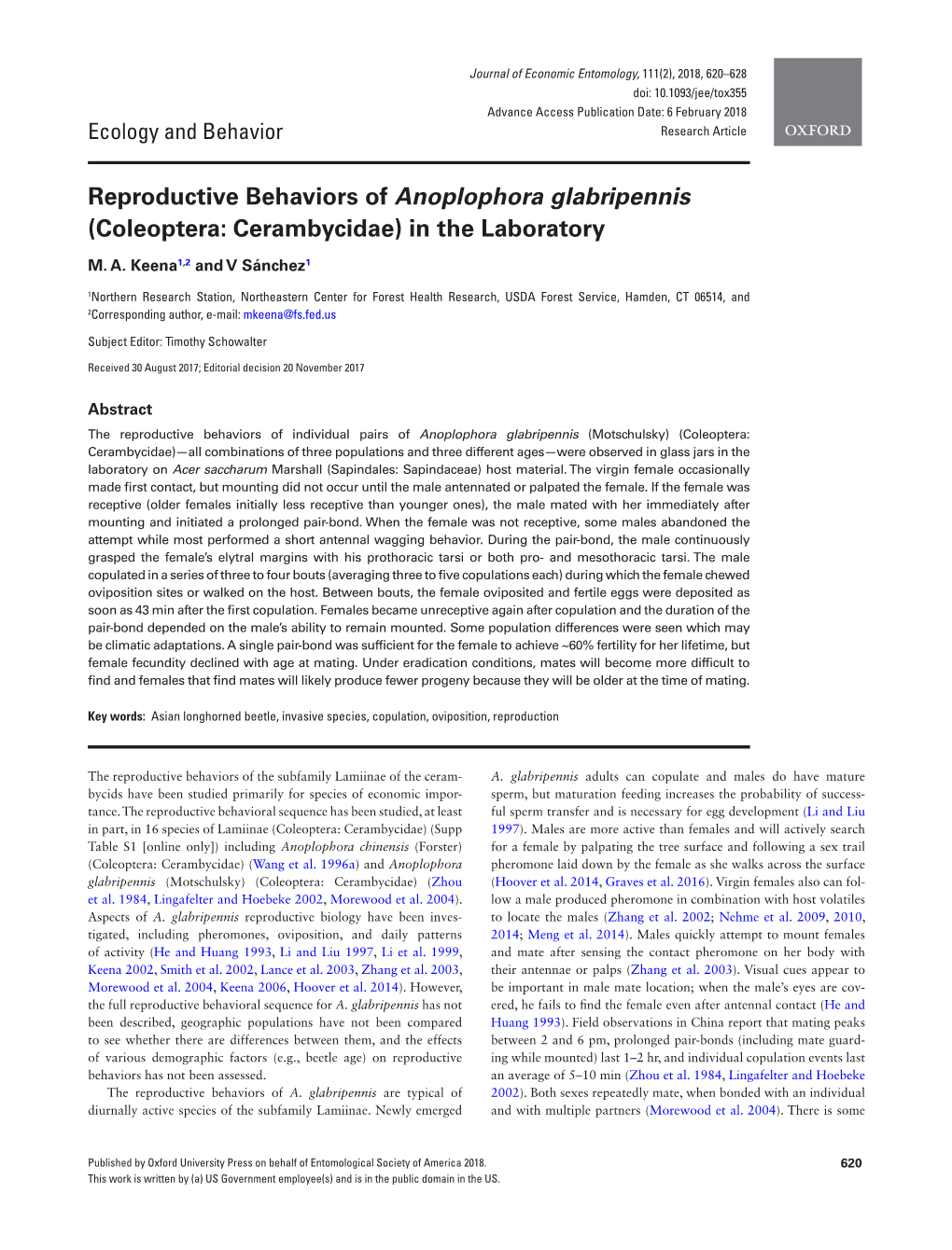 Reproductive Behaviors of Anoplophora Glabripennis (Coleoptera: Cerambycidae) in the Laboratory