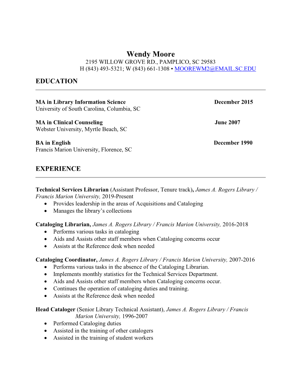 Wendy Moore CV