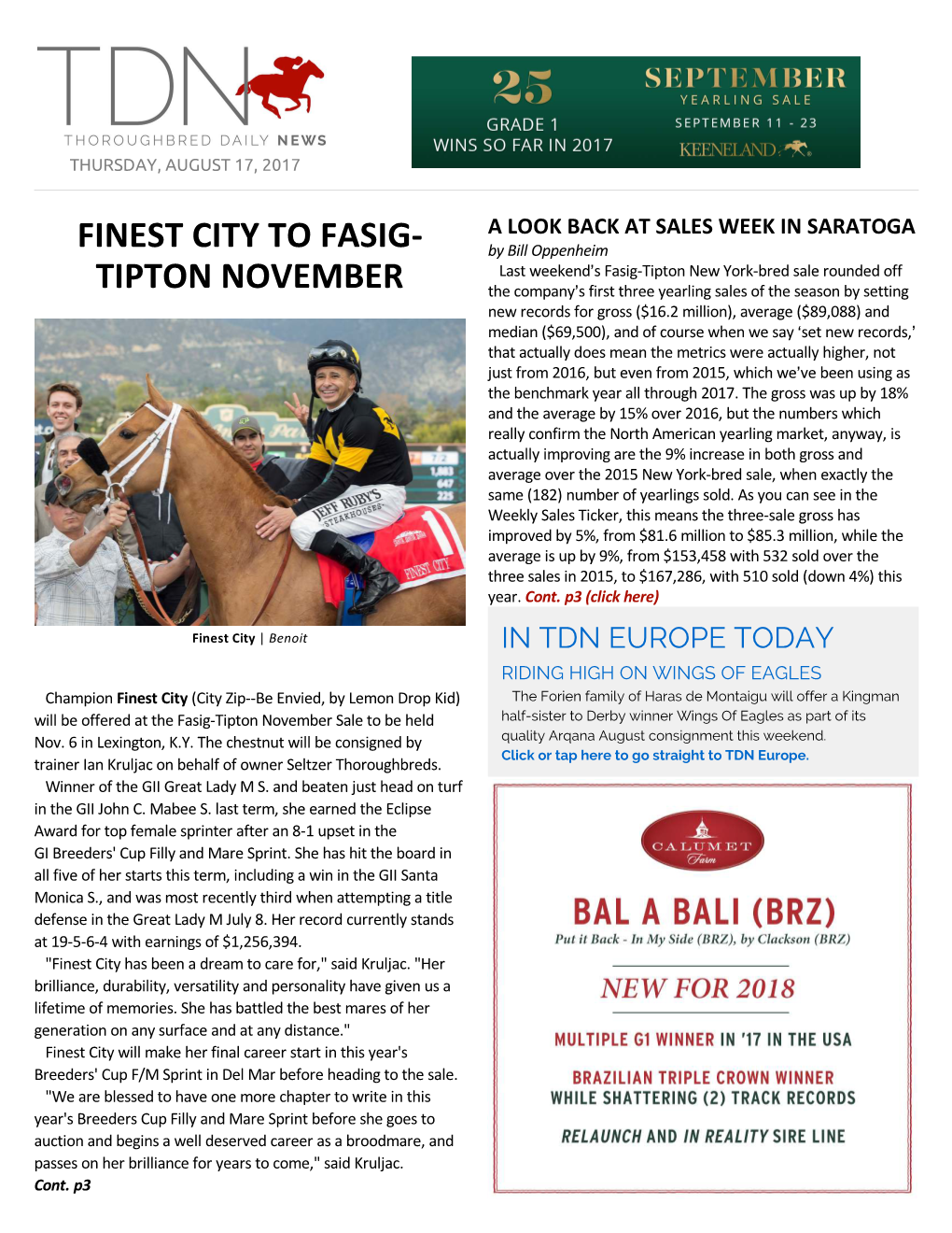 Finest City to Fasig- Tipton November