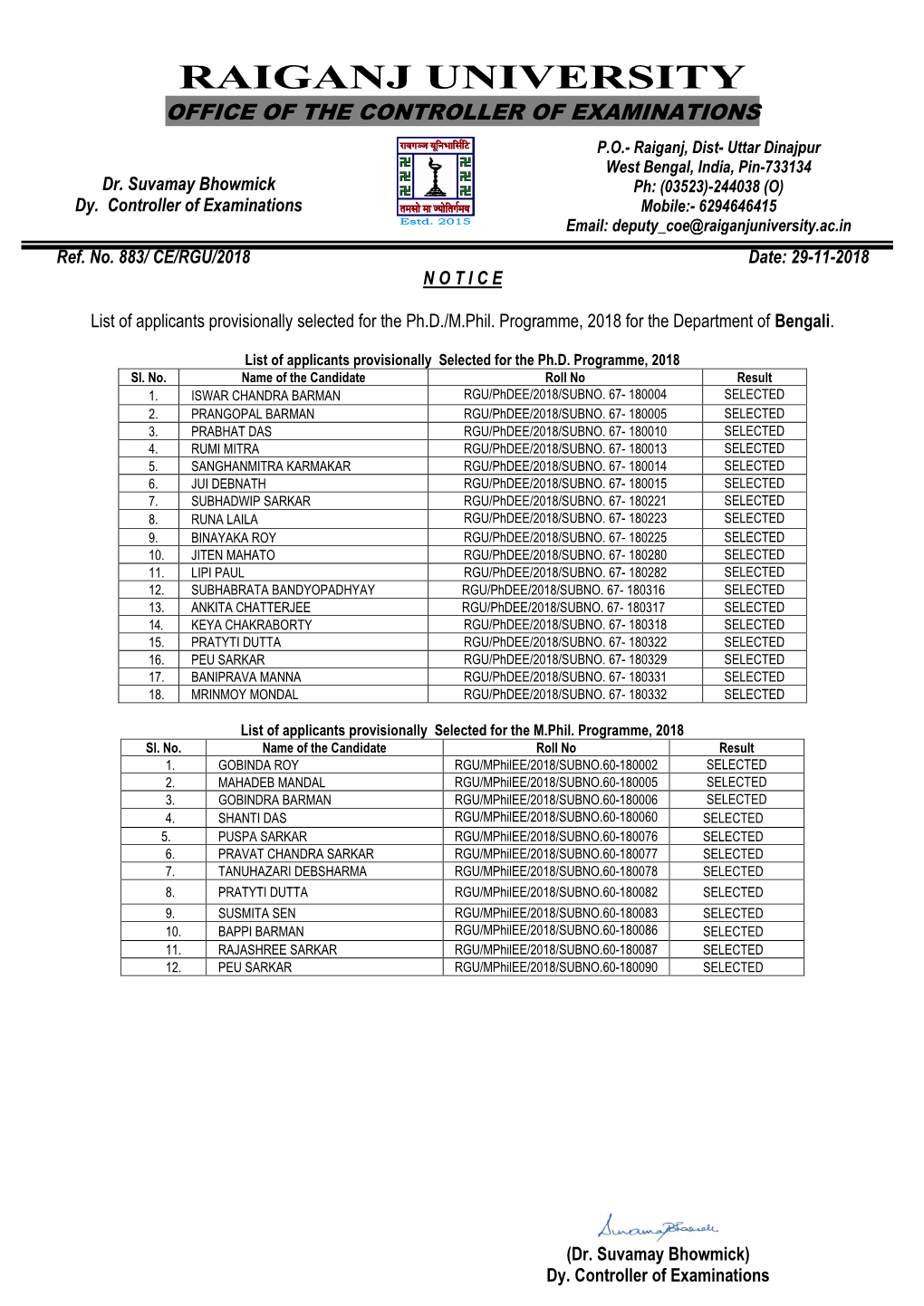 Raiganj University Office of the Controller of Examinations