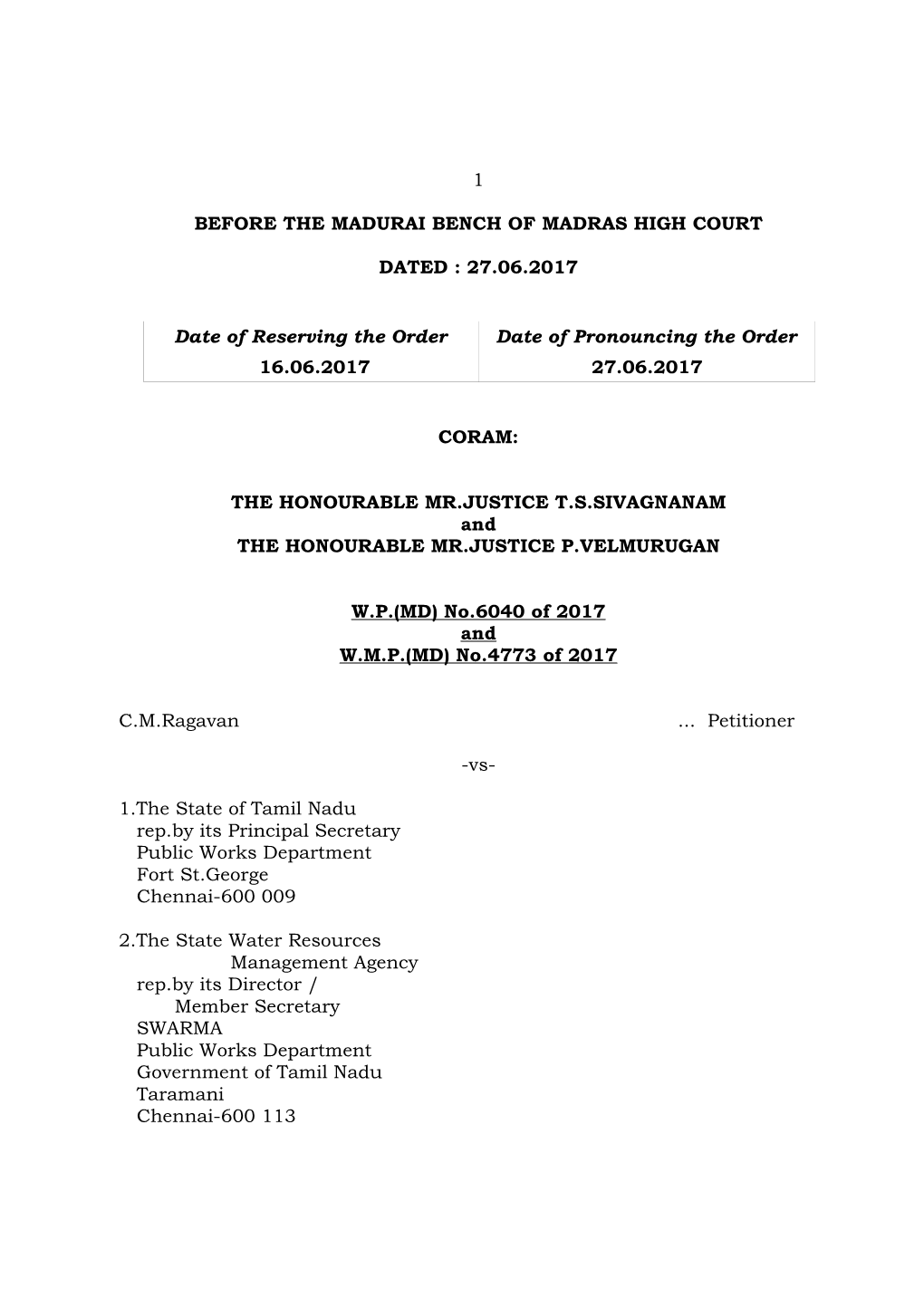 1 Before the Madurai Bench of Madras High Court Dated