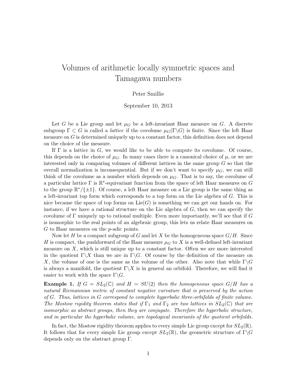 Volumes of Arithmetic Locally Symmetric Spaces and Tamagawa Numbers