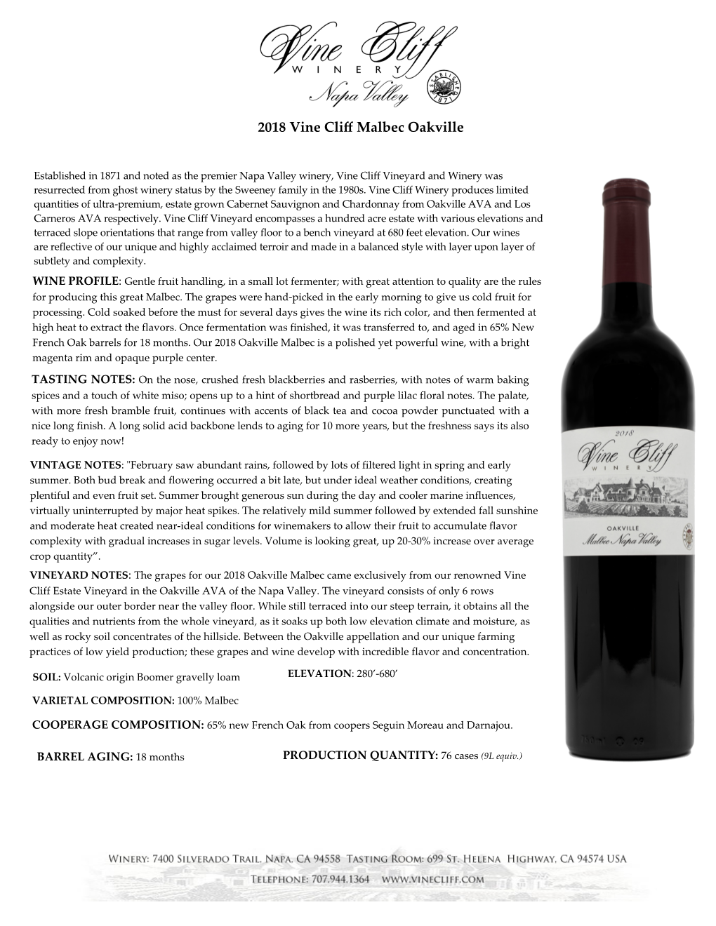 2018 Vine Cliff Malbec Oakville