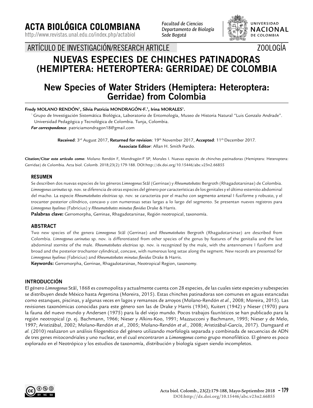 HEMIPTERA: HETEROPTERA: GERRIDAE) DE COLOMBIA New Species of Water Striders (Hemiptera: Heteroptera: Gerridae) from Colombia