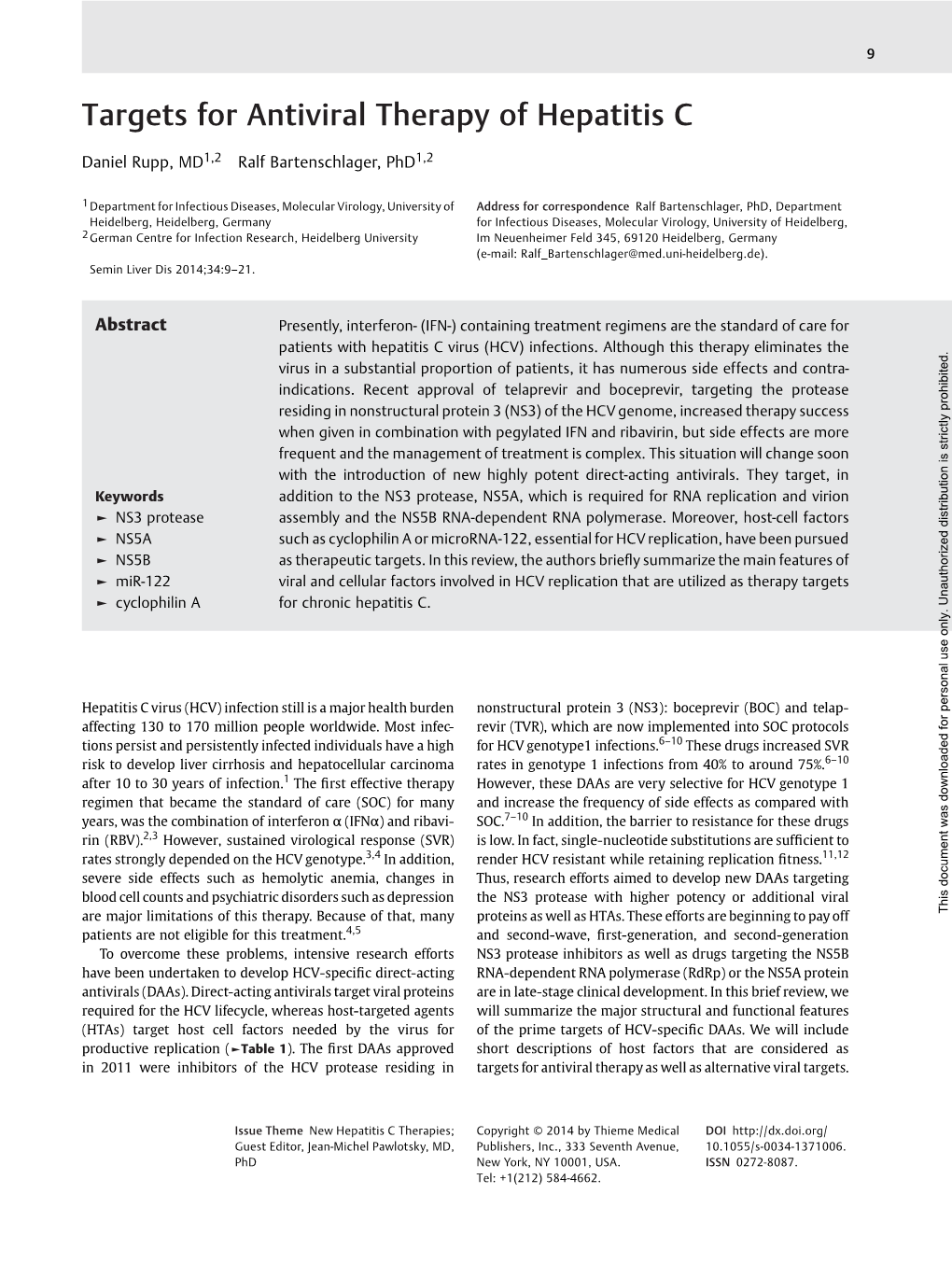 Targets for Antiviral Therapy of Hepatitis C