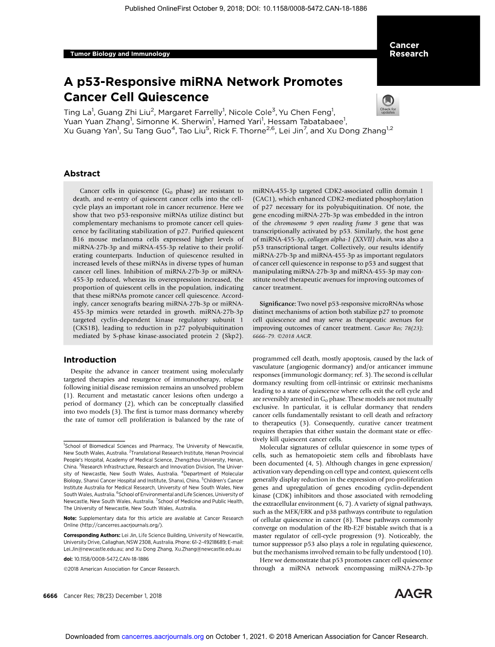 A P53-Responsive Mirna Network Promotes Cancer Cell Quiescence Ting La1, Guang Zhi Liu2, Margaret Farrelly1, Nicole Cole3, Yu Chen Feng1, Yuan Yuan Zhang1, Simonne K