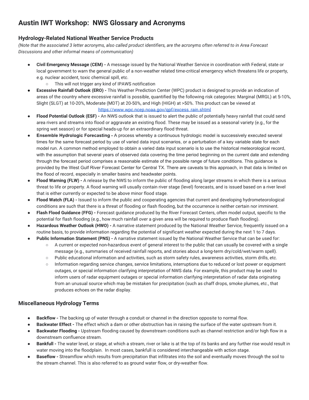 Austin IWT Workshop: NWS Glossary and Acronyms