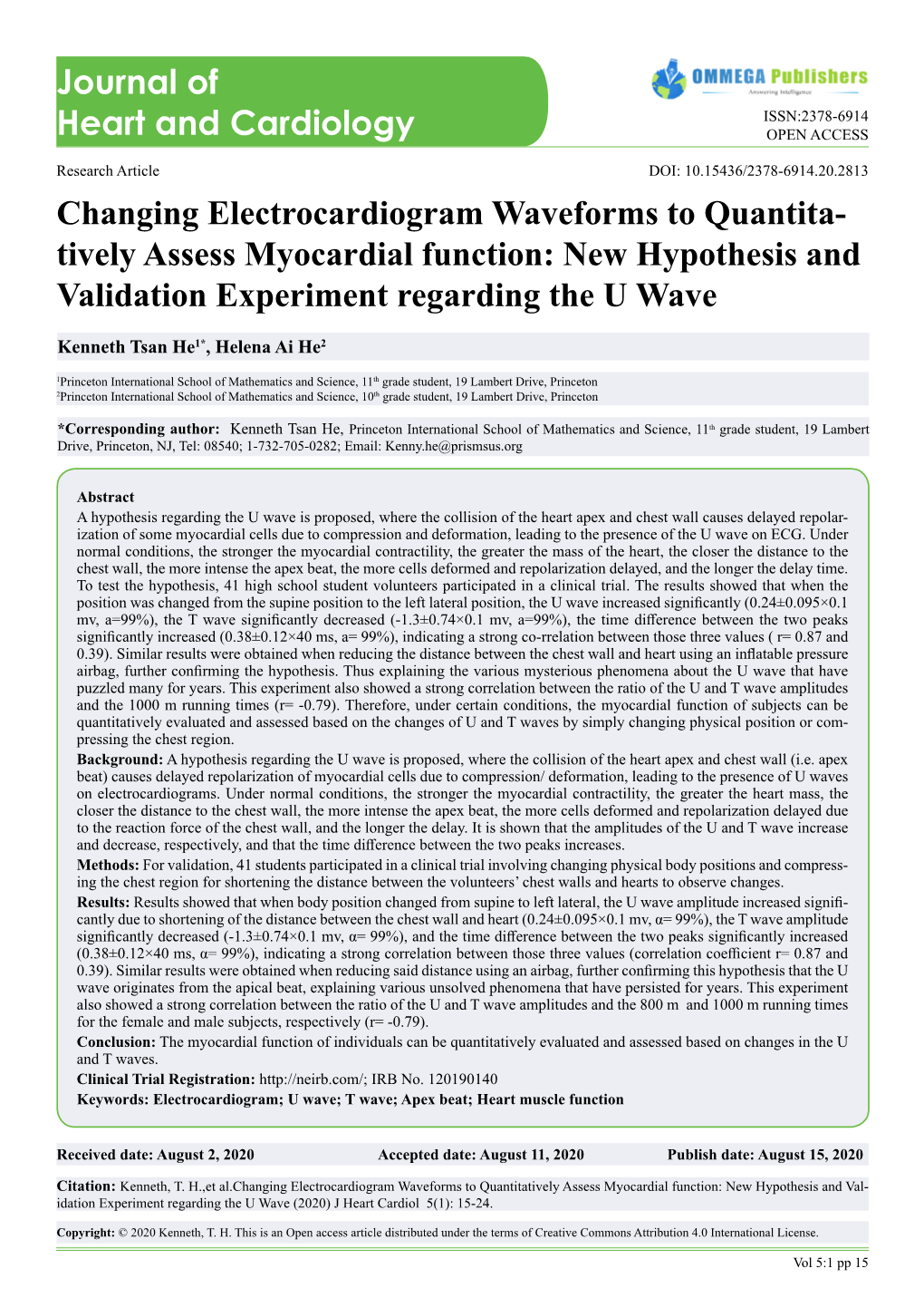 Tively Assess Myocardial Function: New Hypothesis and Validation Experiment Regarding the U Wave