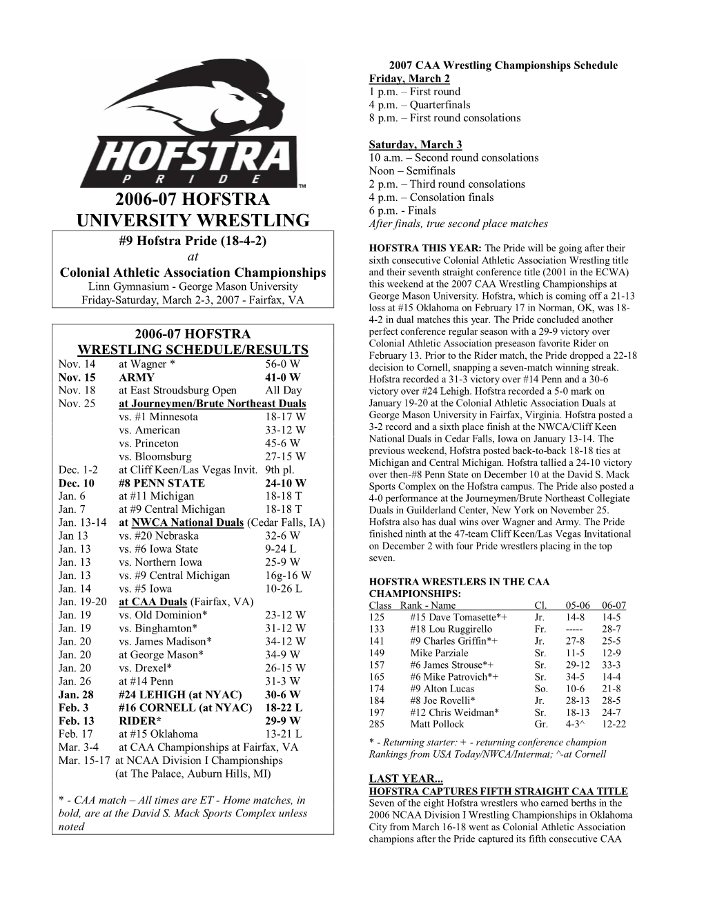 2006-07 HOFSTRA UNIVERSITY WRESTLING SCHEDULE As of March 2, 2007 ± 18-4-2, 7-0