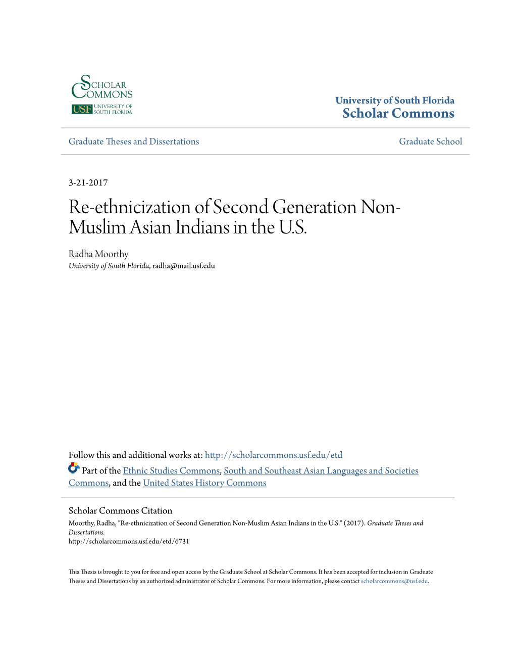 Re-Ethnicization of Second Generation Non-Muslim Asian Indians in the U.S.