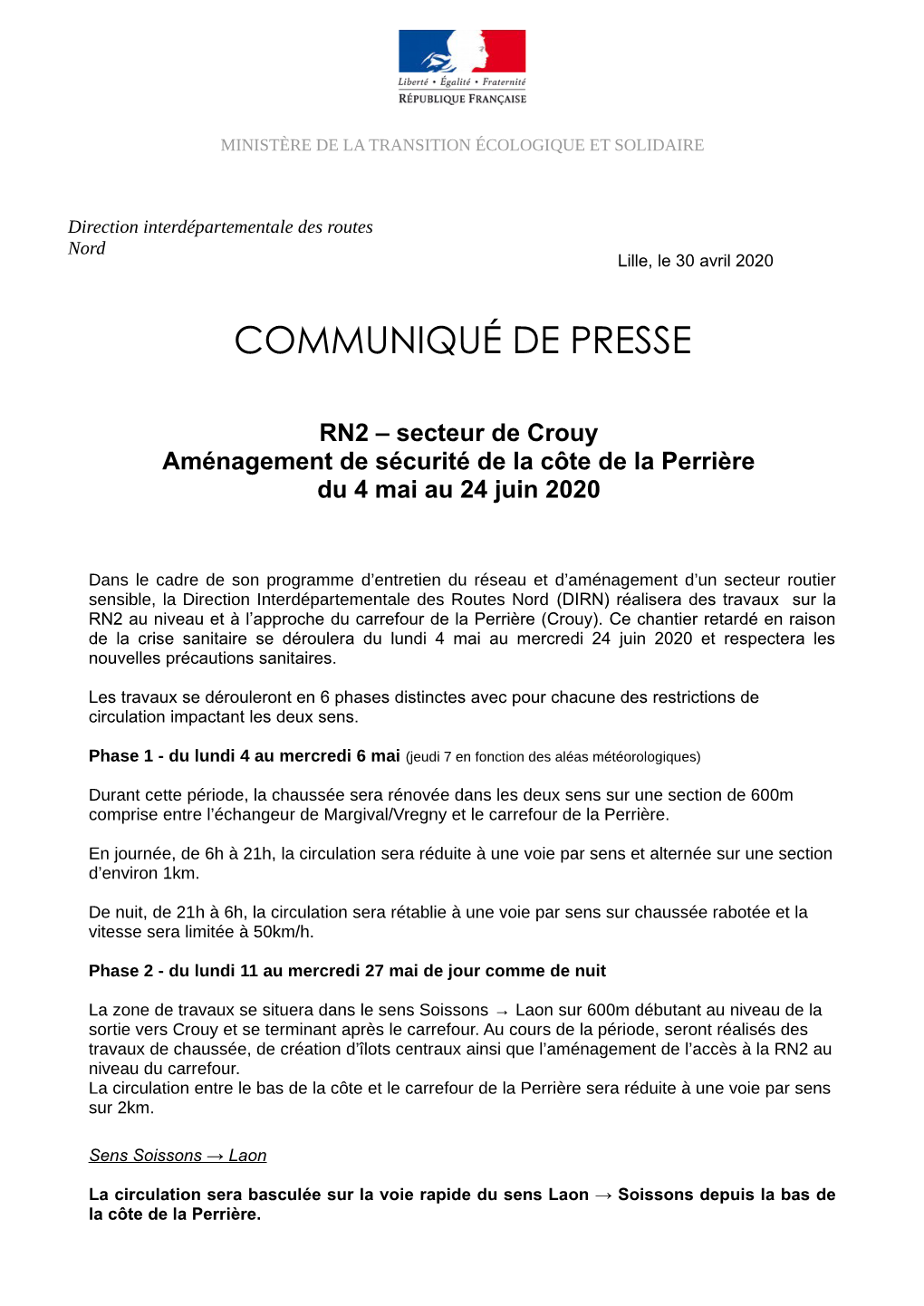 RN2 – Secteur De Crouy Aménagement De Sécurité De La Côte De La Perrière Du 4 Mai Au 24 Juin 2020