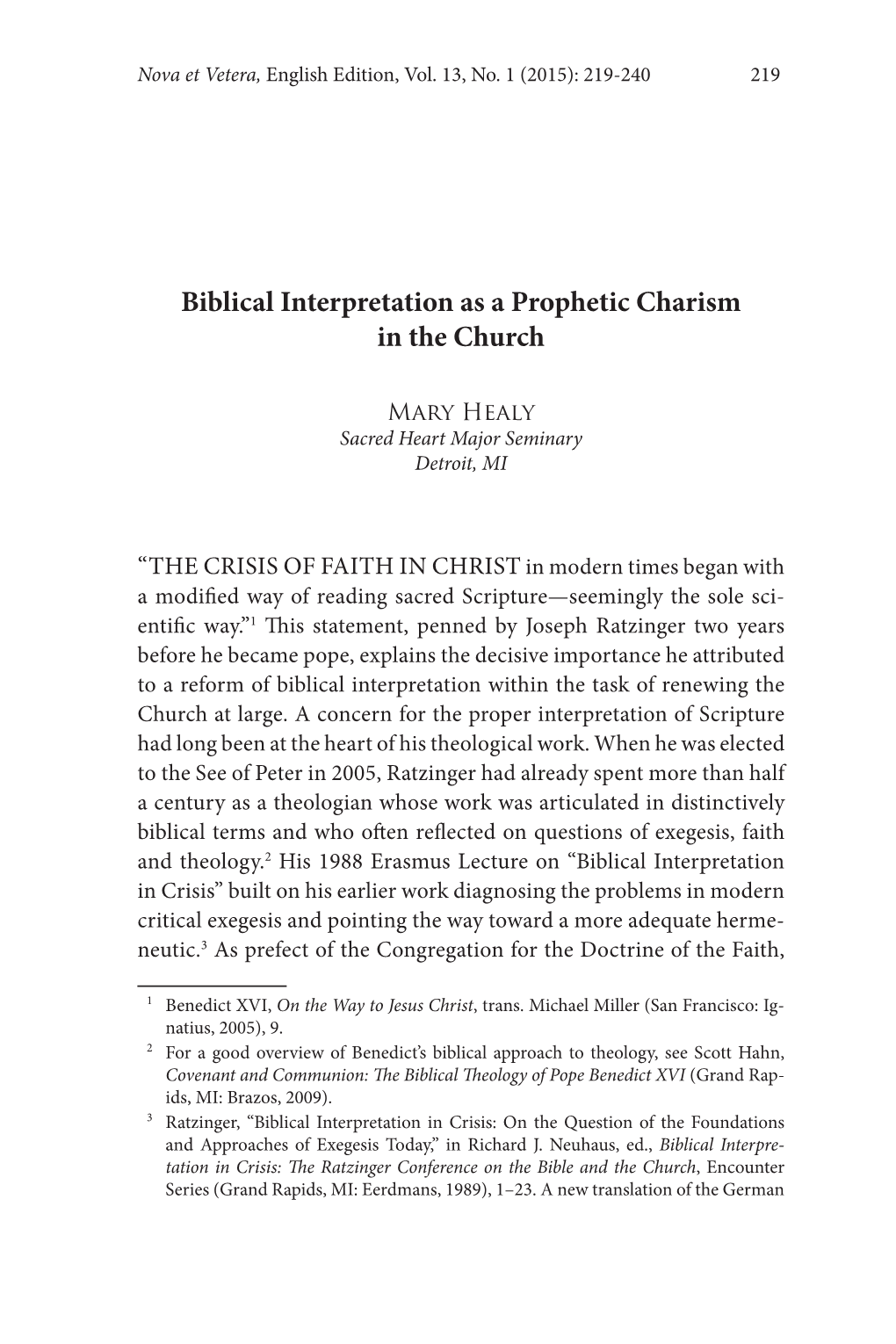 Biblical Interpretation As a Prophetic Charism in the Church