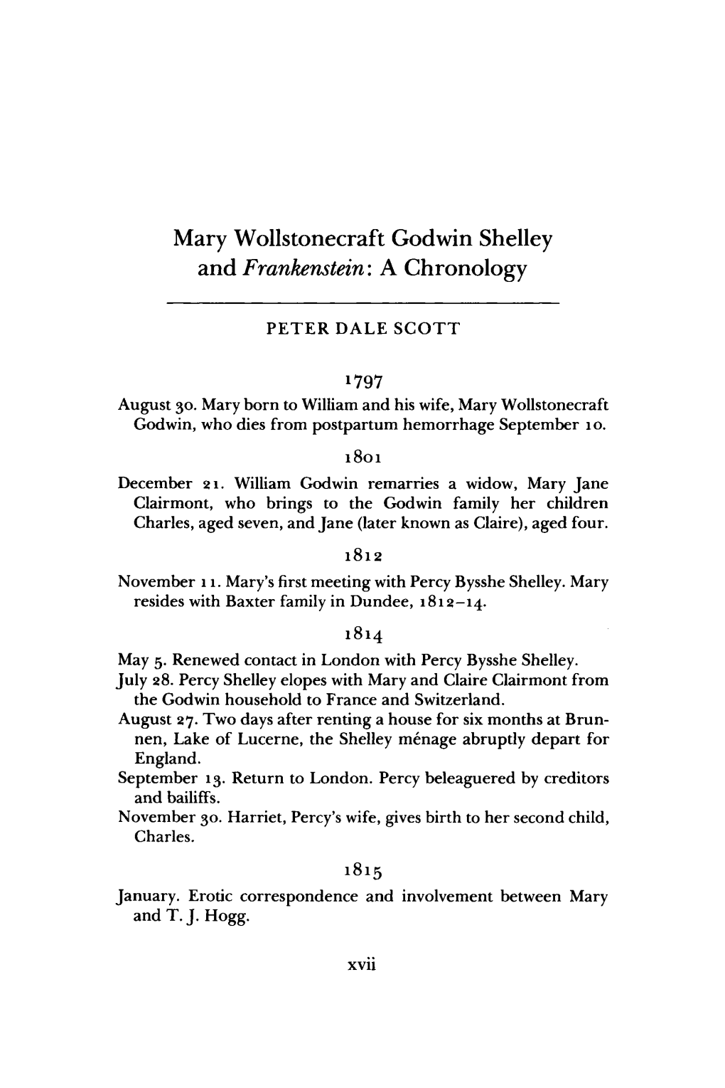 Mary Wollstonecraft Godwin Shelley and Frankenstein : a Chronology