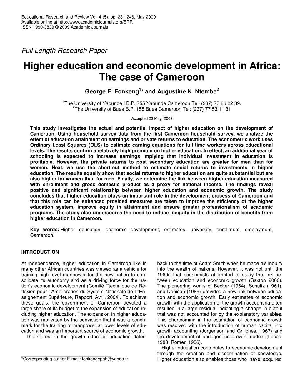 Higher Education and Economic Development in Africa: the Case of Cameroon