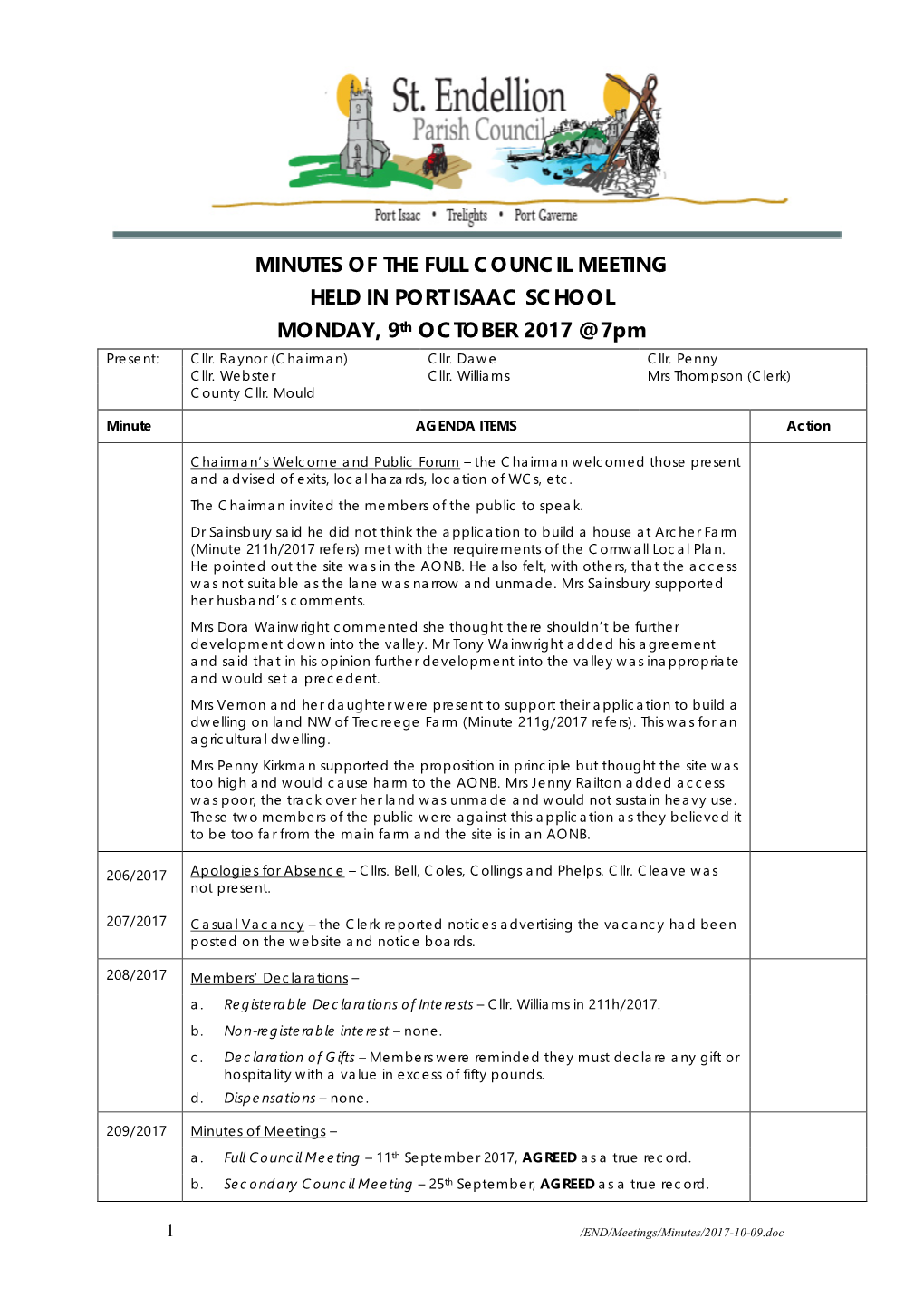 MINUTES of the FULL COUNCIL MEETING HELD in PORT ISAAC SCHOOL MONDAY, 9Th OCTOBER 2017 @ 7Pm Present: Cllr